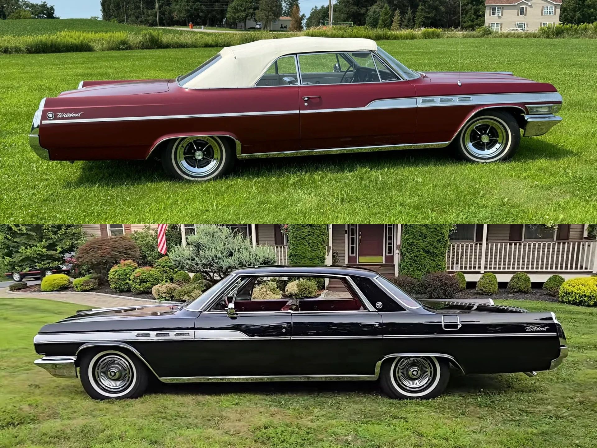 Photo showing the right side of a burgundy 1963 Buick Wildcat convertible with the top up and a black 1963 Wildcat four-door hardtop, both parked on grass