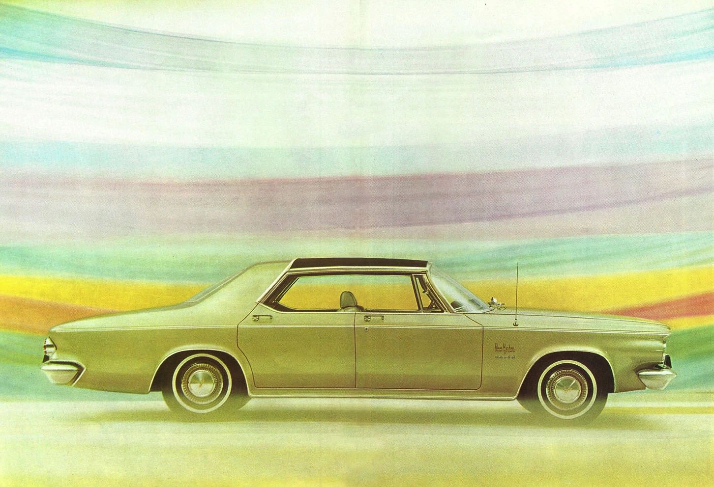 Cecil Beaton photo of a 1963 Chrysler New Yorker Salon against a rainbow background