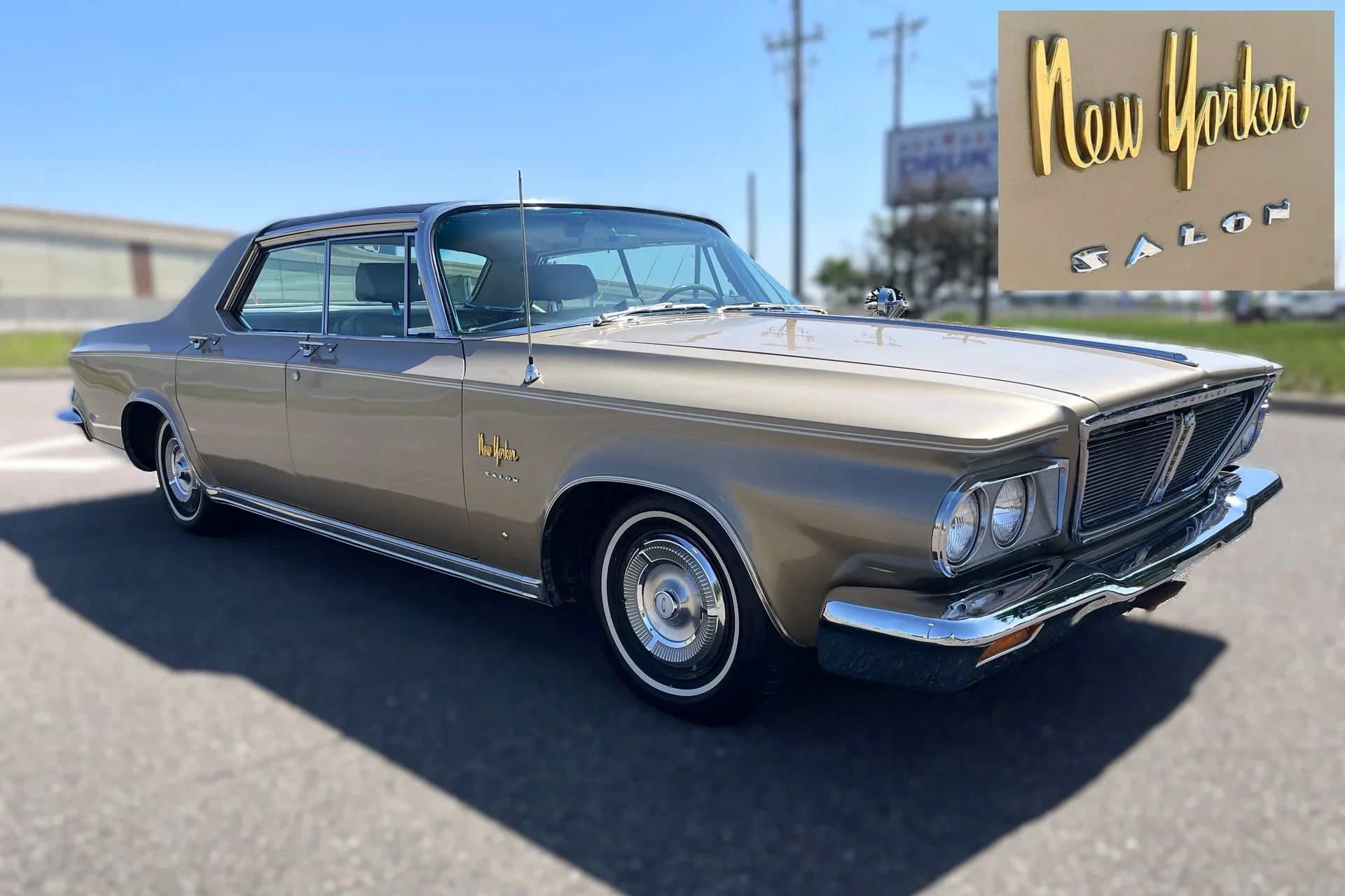 Right front 3q view of an Embassy Gold 1964 Chrysler New Yorker Salon with an inset showing its fender badge