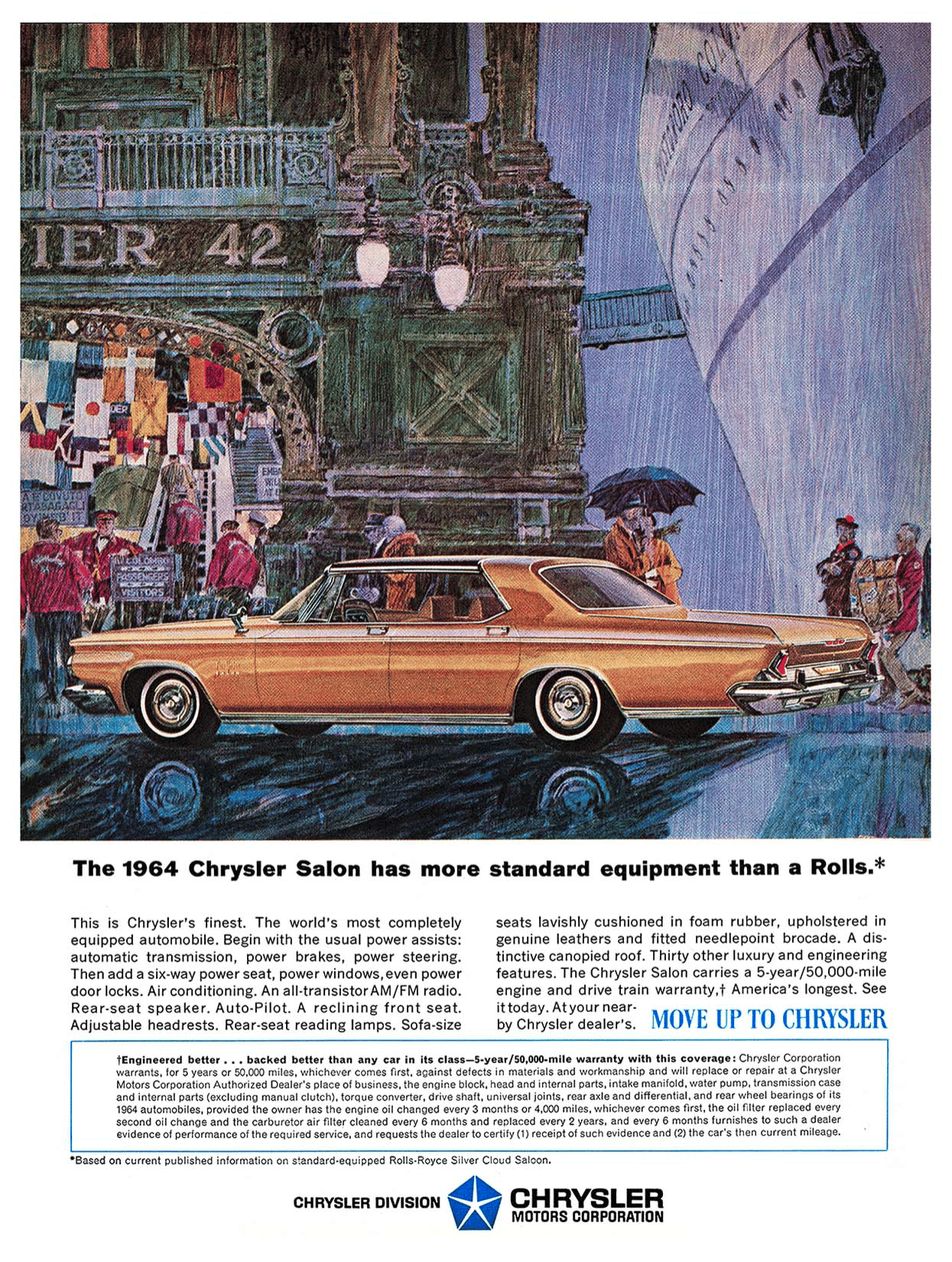 1964 Chrysler ad showing a gold New Yorker Salon by New York's Pier 42, with the headline "The 1964 Chrysler Salon has more standard equipment than a Rolls.*"