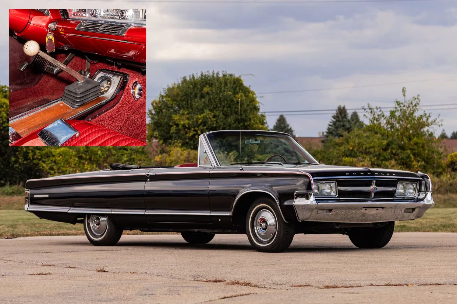 1965 Chrysler 300-L Convertible: Ultra-Rare 4-Speed Manual Transmission In The Last And Least Of The Letter Cars 1 Right front 3q view of a black 1965 Chrysler 300-L convertible with the top down, and an inset showing the 4-speed shifter in the red interior