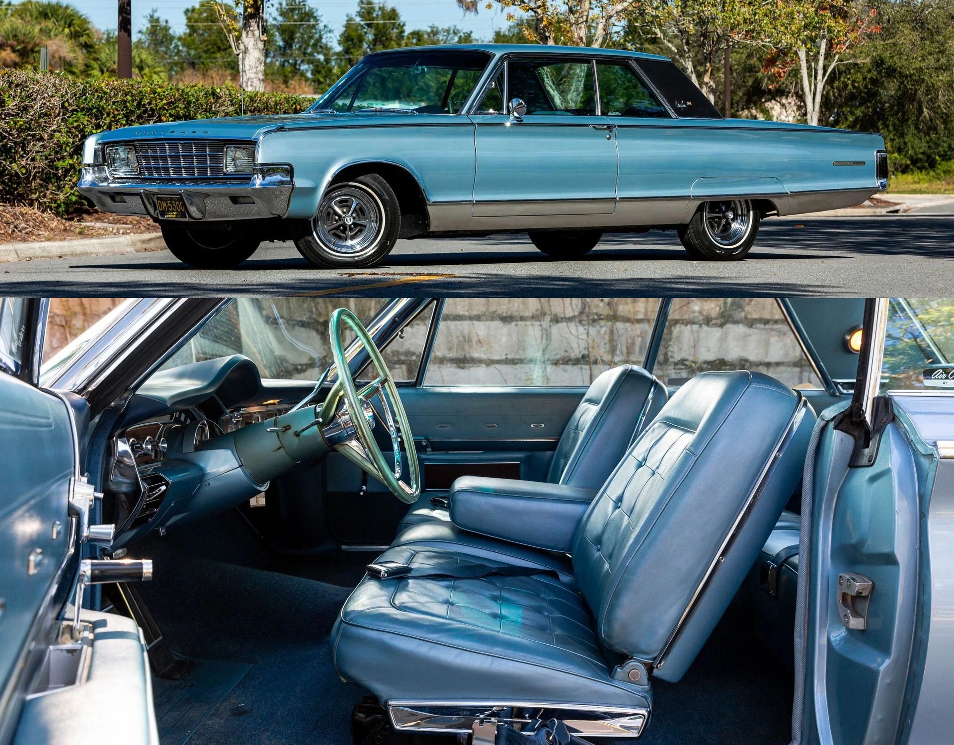 1965 Chrysler New Yorker: Bucket Seats Return To This Full-Size Luxury Two-Door Hardtop 1 Left front 3q view of a Mist Blue 1965 Chrysler New Yorker two-door hardtop and its bucket seat interior