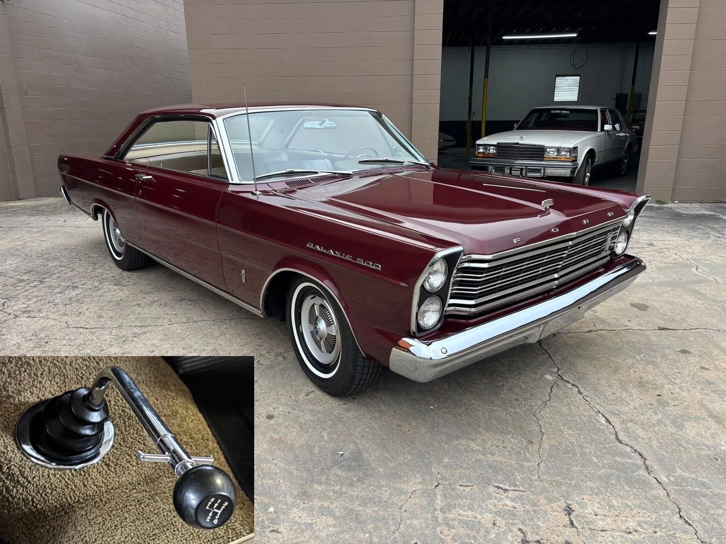 1965 Ford Galaxie 500 Fastback: Bench Seat And Rare 4-Speed With A Z-Code 390 1 Right front 3q view of a Vintage Burgundy 1965 Ford Galaxie 500 two-door hardtop with an inset in the lower left showing its 4-speed shifter