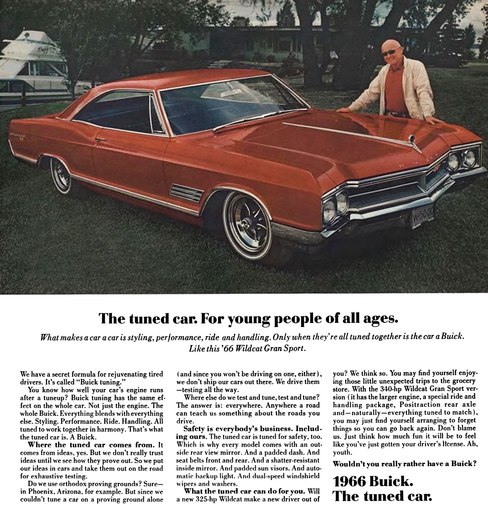 1966 Buick Wildcat Custom Gran Sport: One-Year-Only Full-Size Buick Muscle "For Young People Of All Ages" 4 1966 Buick for the Wildcat Grand Sport, showing an older bald man in sunglasses leaning on the hood of a red Wildcat sport coupe, with the headline "The tuned car. For young people of all ages."