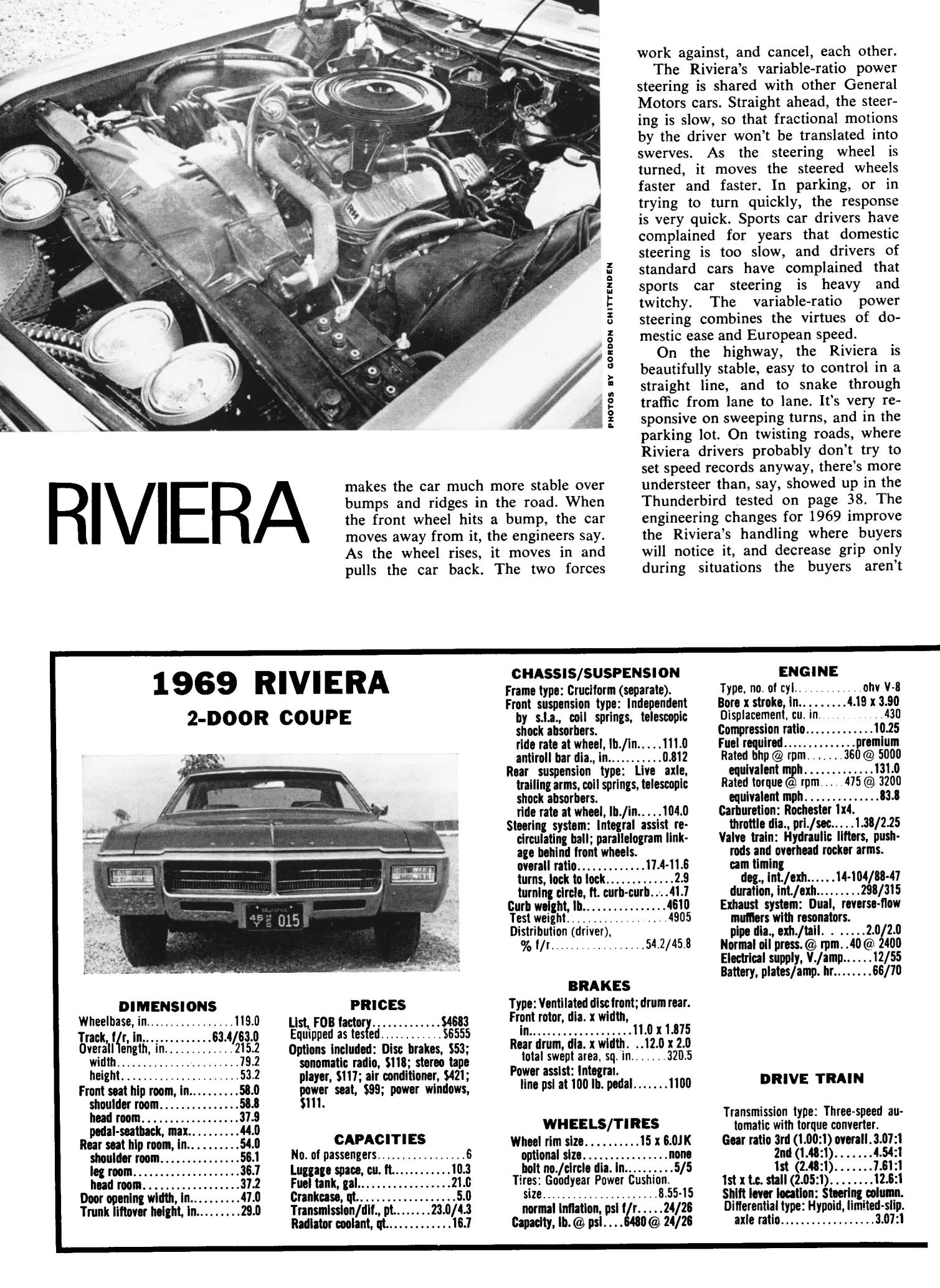 Vintage Car Life Review: 1969 Buick Riviera With Accu-Drive – Buick Tries Something New In The Suspension Department 8 Page of Car Life, February 1969, with a photo of the Riviera engine compartment above the text and the first half of the data panel (with an inset front view of the car) below the main text