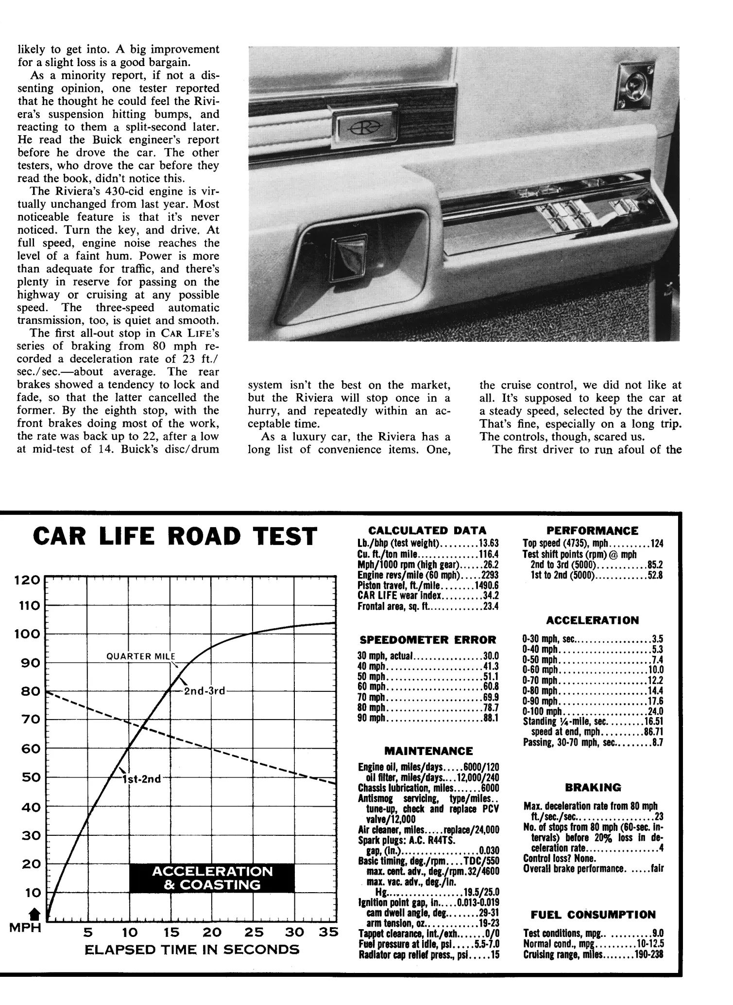 Vintage Car Life Review: 1969 Buick Riviera With Accu-Drive – Buick Tries Something New In The Suspension Department 16 Page of Car Life, February 1969, with a photo of the driver's door panel of a 1969 Riviera with power windows and a remote mirror above the text and the second half of the data panel below the main text