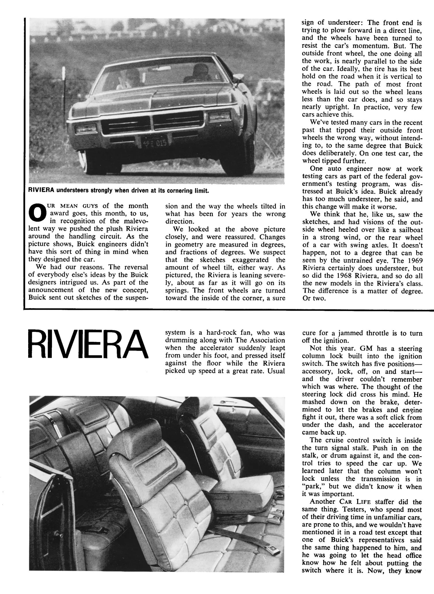 Vintage Car Life Review: 1969 Buick Riviera With Accu-Drive – Buick Tries Something New In The Suspension Department 20 Page of Car Life, February 1969, with a sidebar about the Riviera on the handling circuit (with a photo of the car cornering hard) above the main text, which has an inset photo of the interior