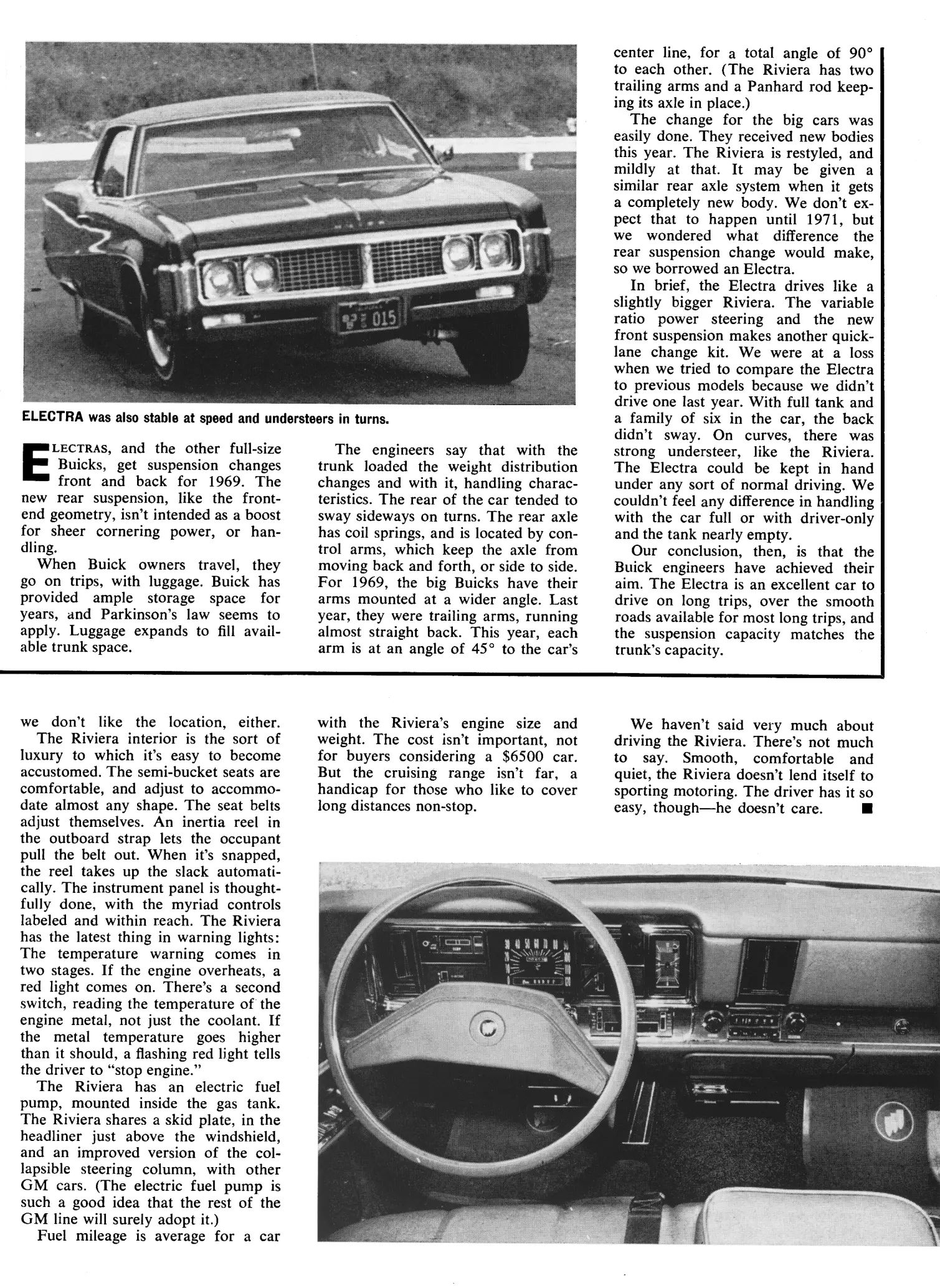 Vintage Car Life Review: 1969 Buick Riviera With Accu-Drive – Buick Tries Something New In The Suspension Department 24 Page of Car Life, February 1969, with a sidebar about the handling of the 1969 Electra above the main text and the final columns of the main text (with an inset photo of the dashboard) below it