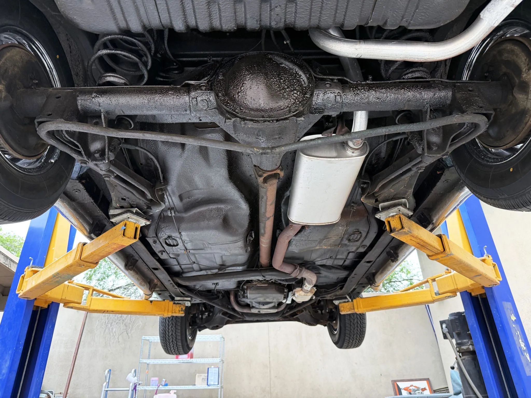 Underbody of a 1978 Stutz, with the car on a hoist