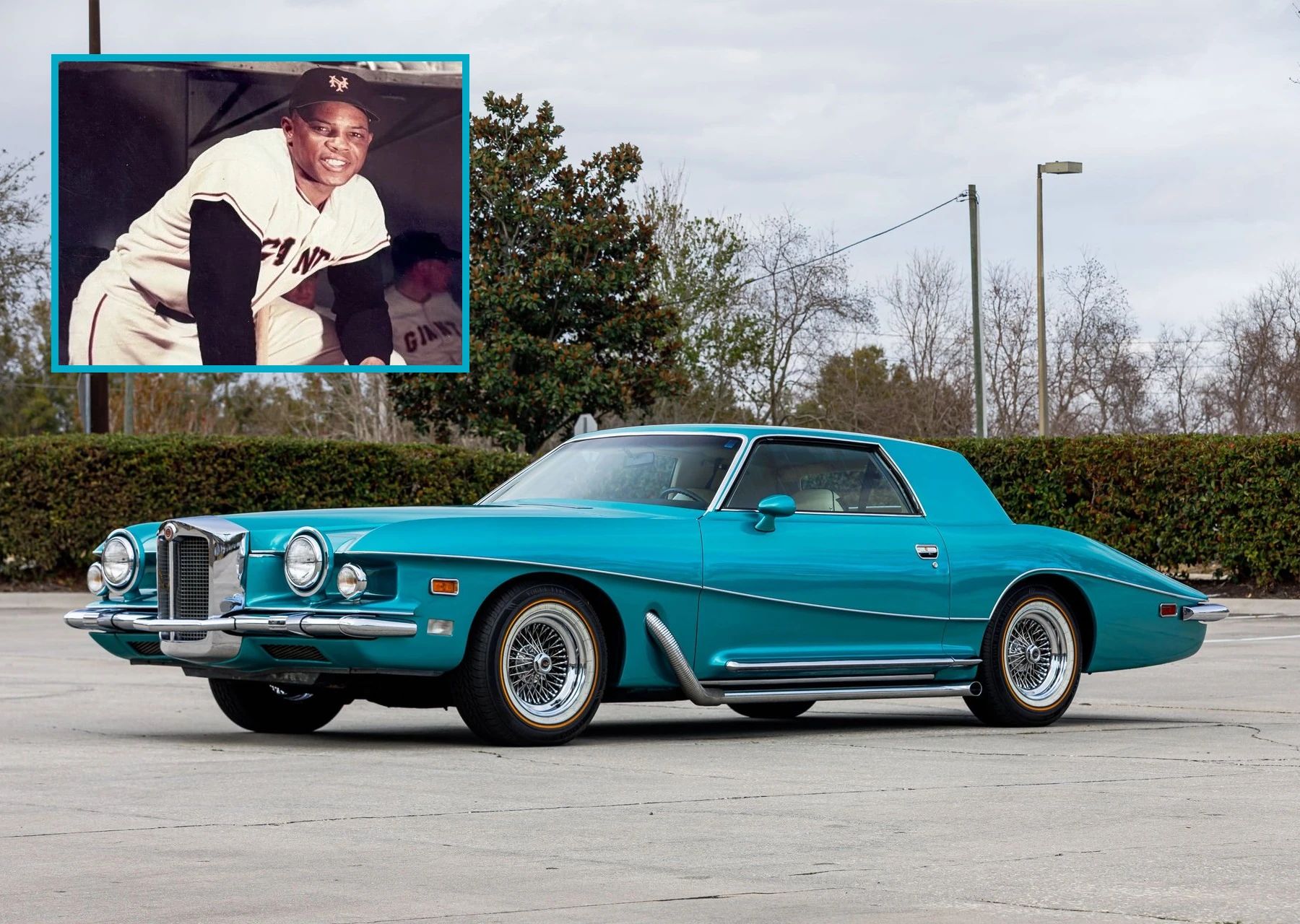 Left front 3q view of a turquoise 1978 Stutz Blackhawk, with an inset of a former owner Willie Mays in a SF Giants uniform