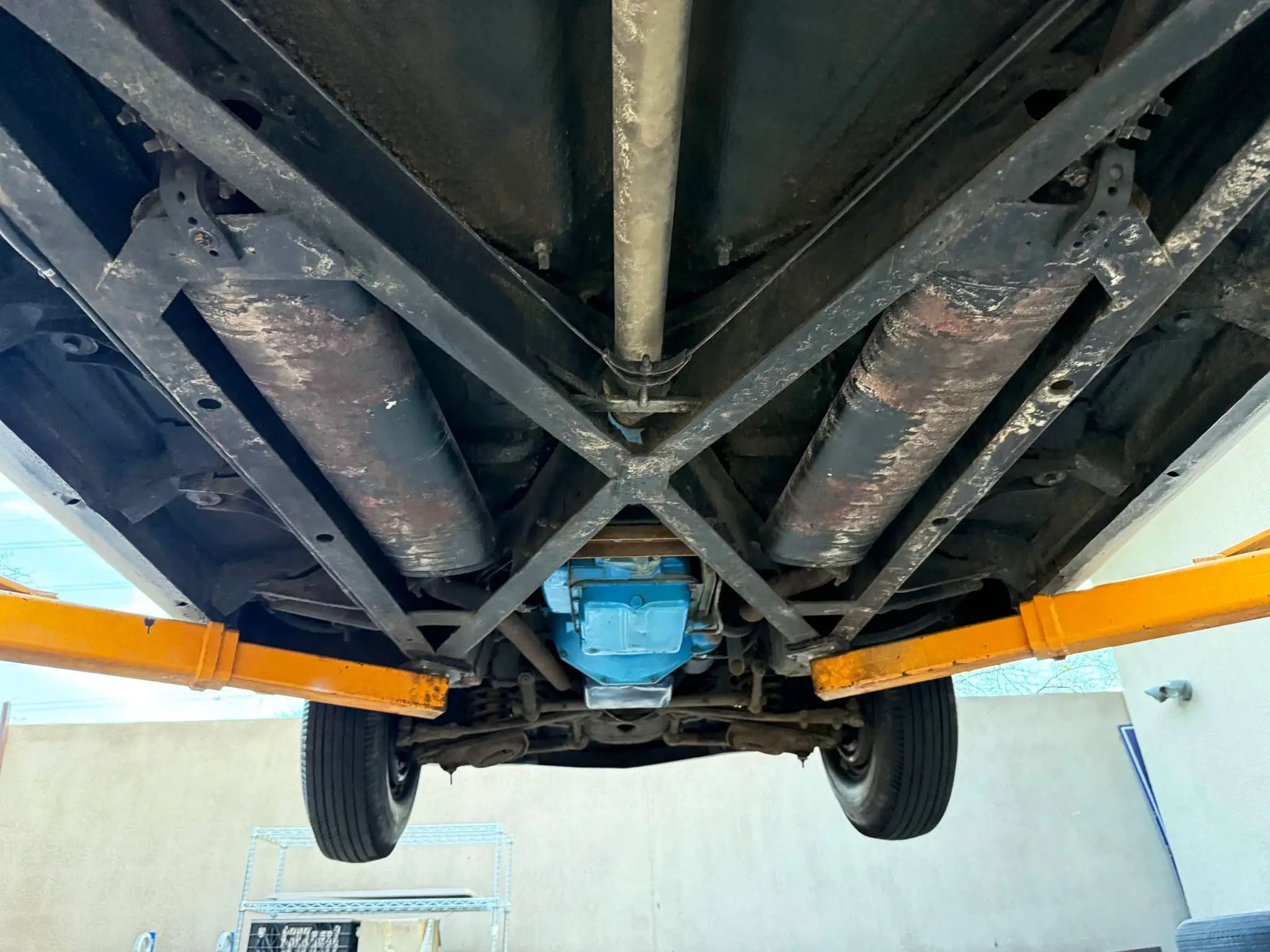 1955 Cadillac Series 62 Coupe undercarriage with dual exhausts