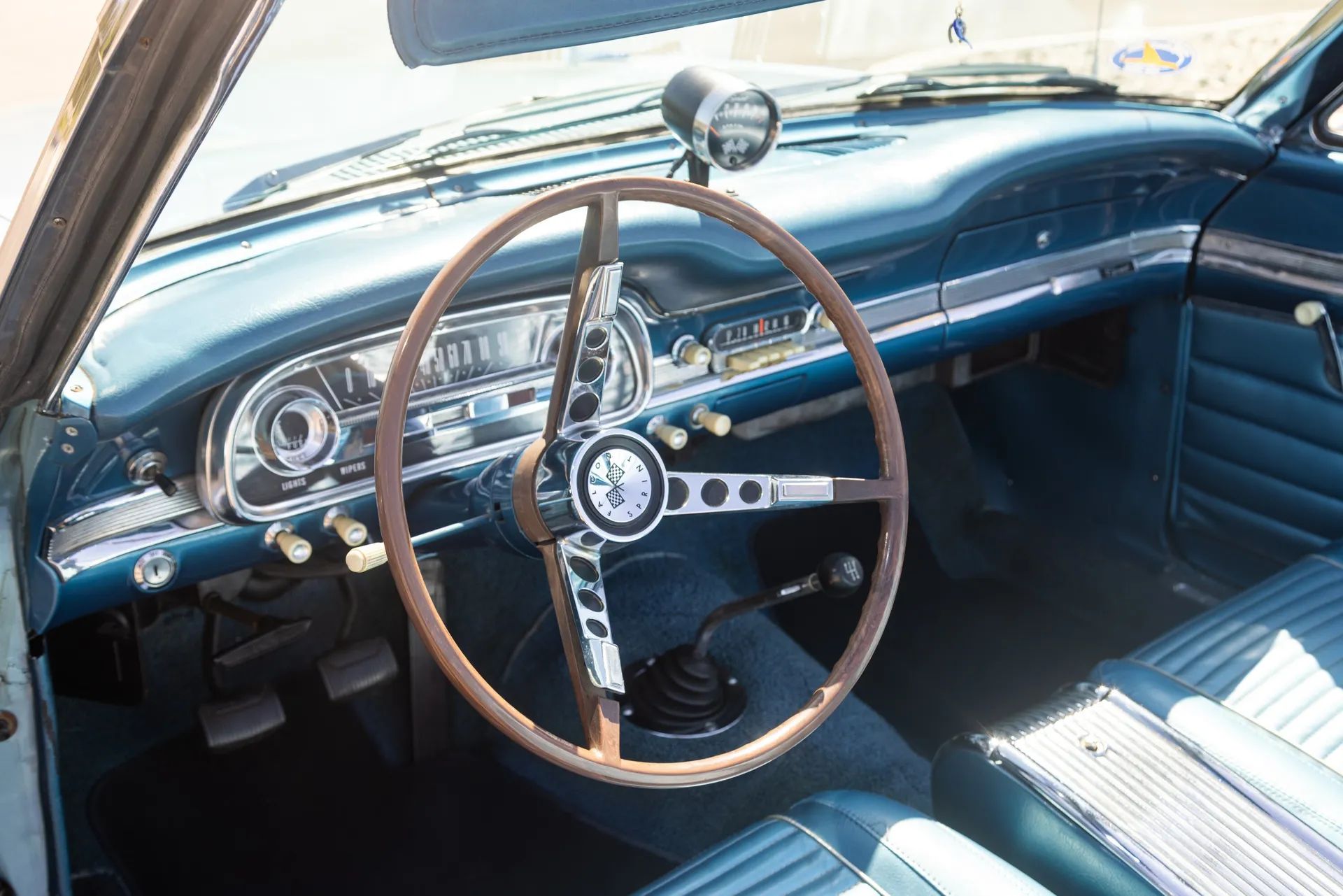 1963 Ford Falcon Sprint Convertible: A Soft Open For The Mustang 5 1963 Ford Falcon Sprint Convertible interior with wood steering wheel and blue bucket seats