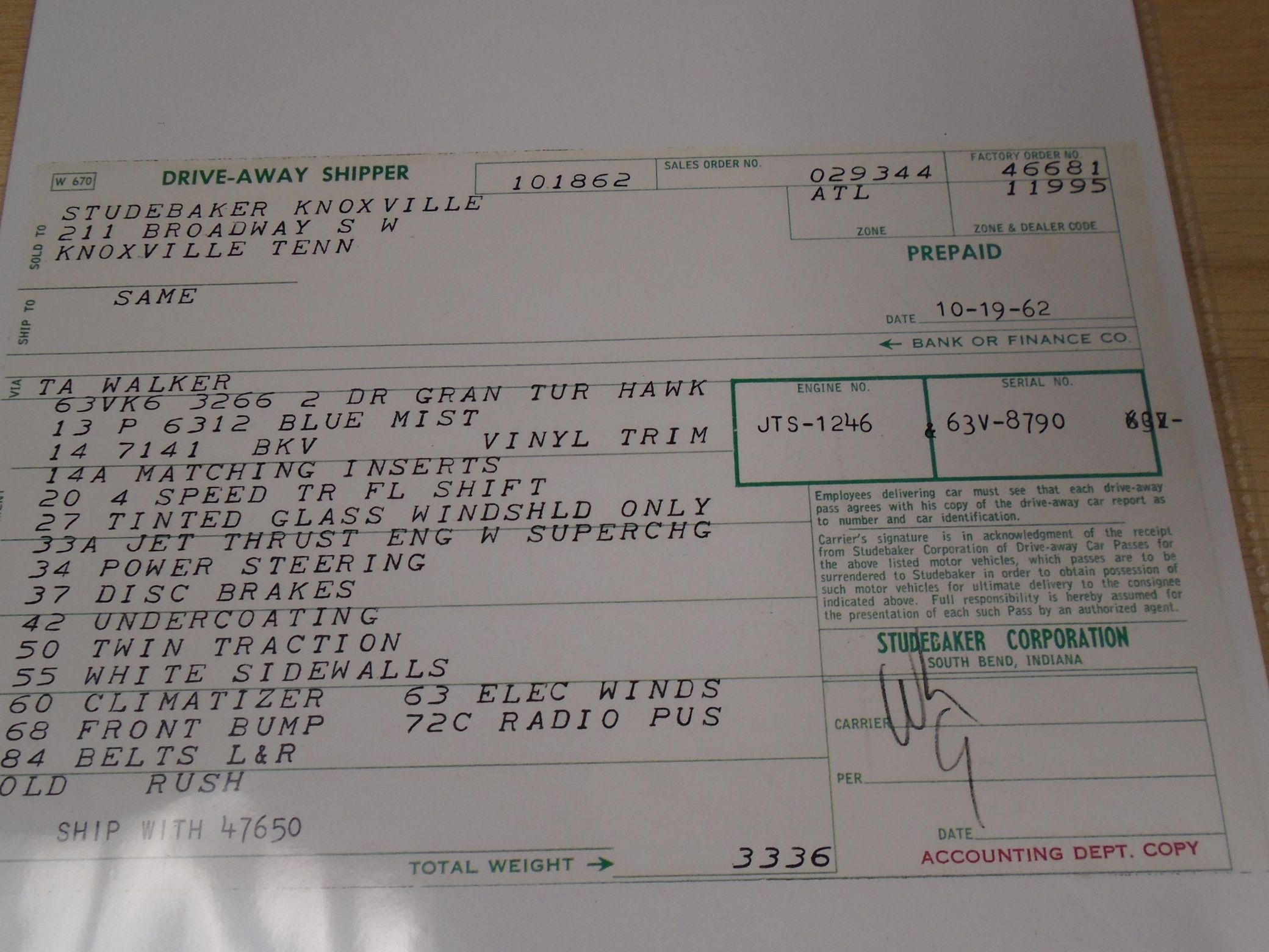 Studebaker documentation for dark blue 1963 Studebaker GT Hawk