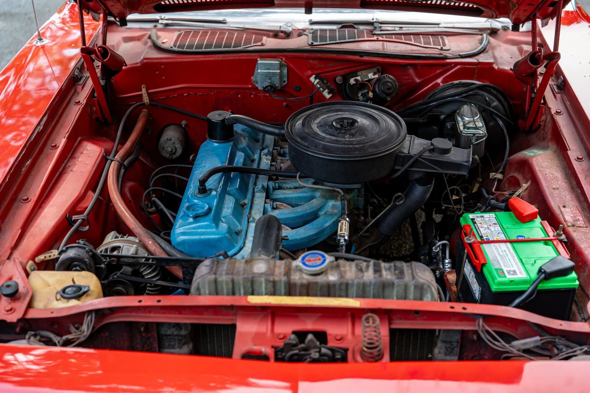 1970 Plymouth Barracuda engine compartment with 225-cubic-inch Slant Six engine