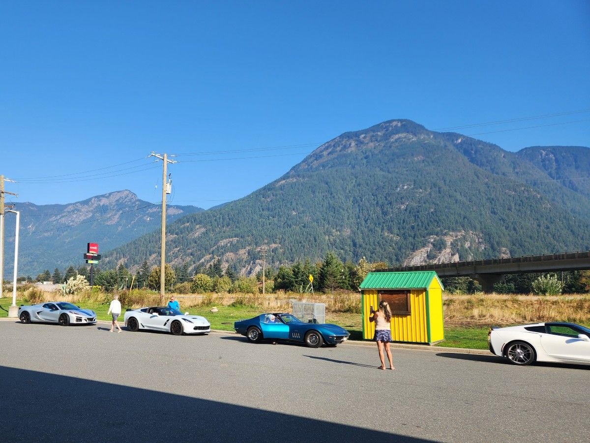 A gaggle of Corvettes at a gas station.
