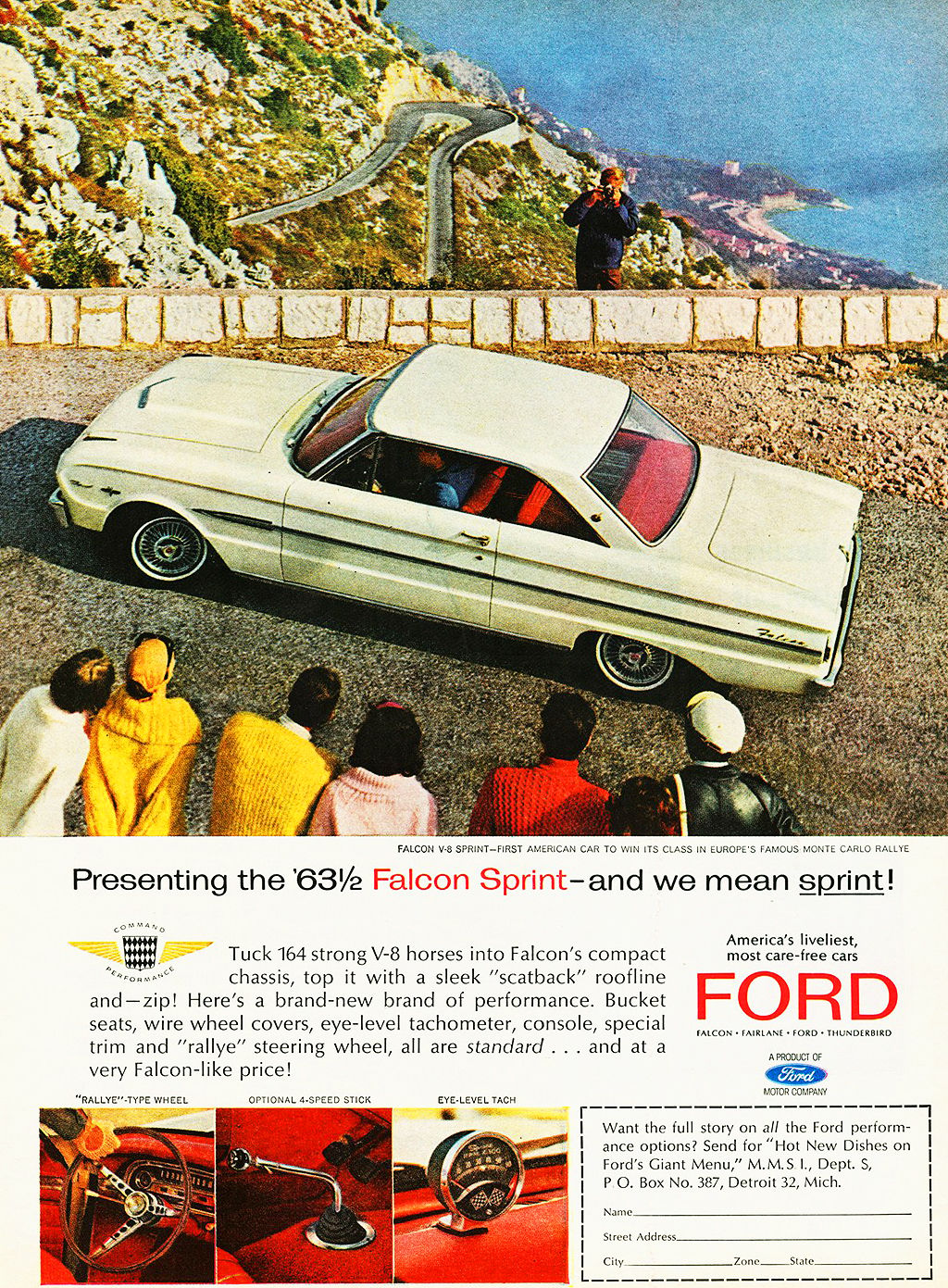 1963 Ford Falcon Sprint Convertible: A Soft Open For The Mustang 2 Vintage advertisement of white 1963 Ford Falcon Sprint Hardtop in Monte Carlo