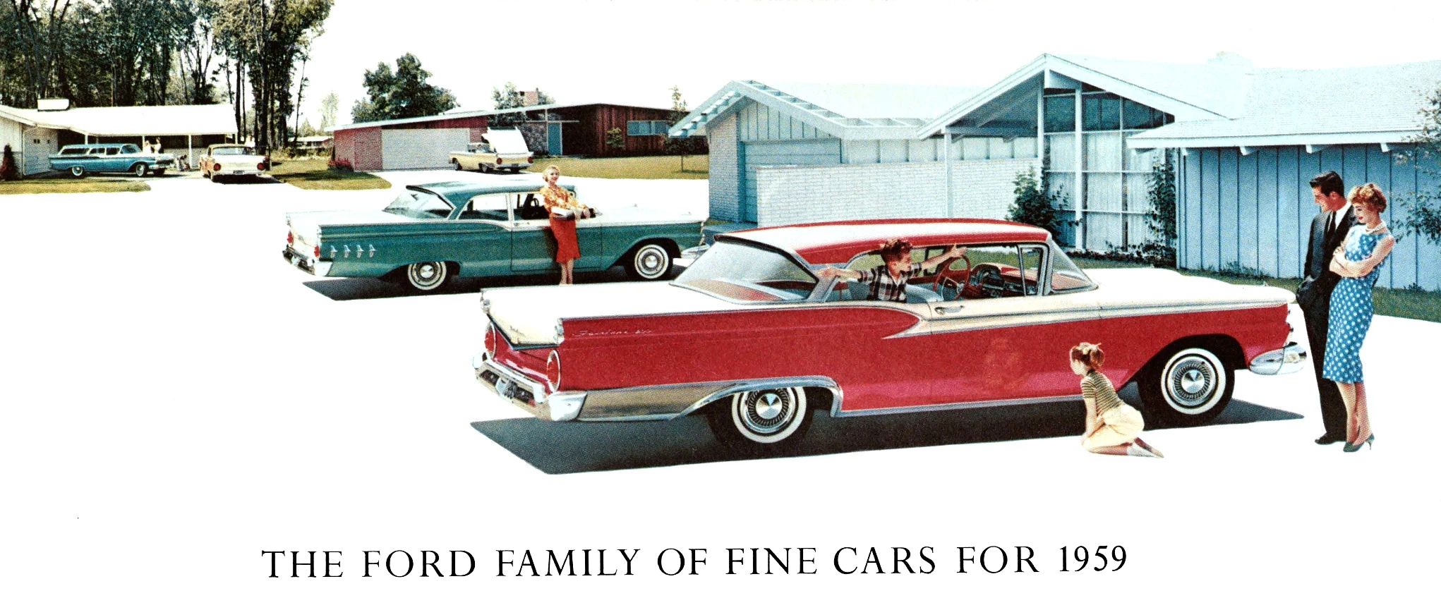 The 1957–1959 Ford-Chevrolet Sales Race: Busting Some Myths About When Ford Finally Beat Chevrolet — Twice 30 Ford brochure excerpt with the headline "The Ford Family of Fine Cars for 1959," with an illustration showing a young boy playing in the back of a red 1959 Ford Fairlane 500 Club Victoria while his parents and sister look on