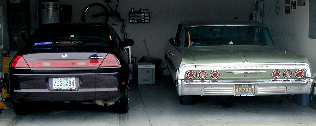 My 1999 Honda Accord EX coupe — Honda Excellence in a More Satisfying Package 2 1999 Honda Accord EX and 1964 Chevrolet Impala parked in a garage