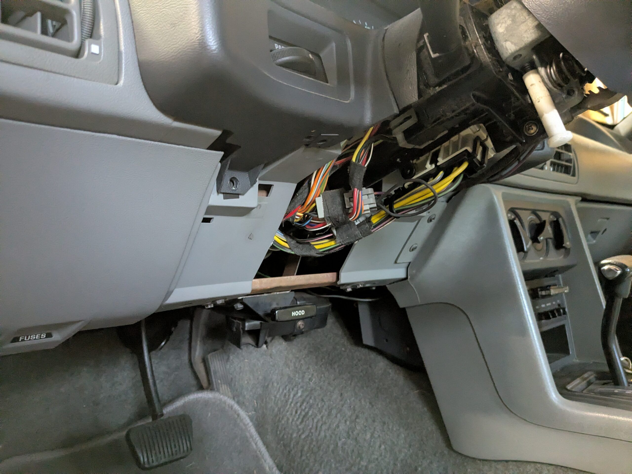1988 Mustang GT Convertible: Why It Took Over Two Hours To Replace The Speedometer Cable 4 Dashboard of 1988 Ford Mustang GT with lower plastic panel removed