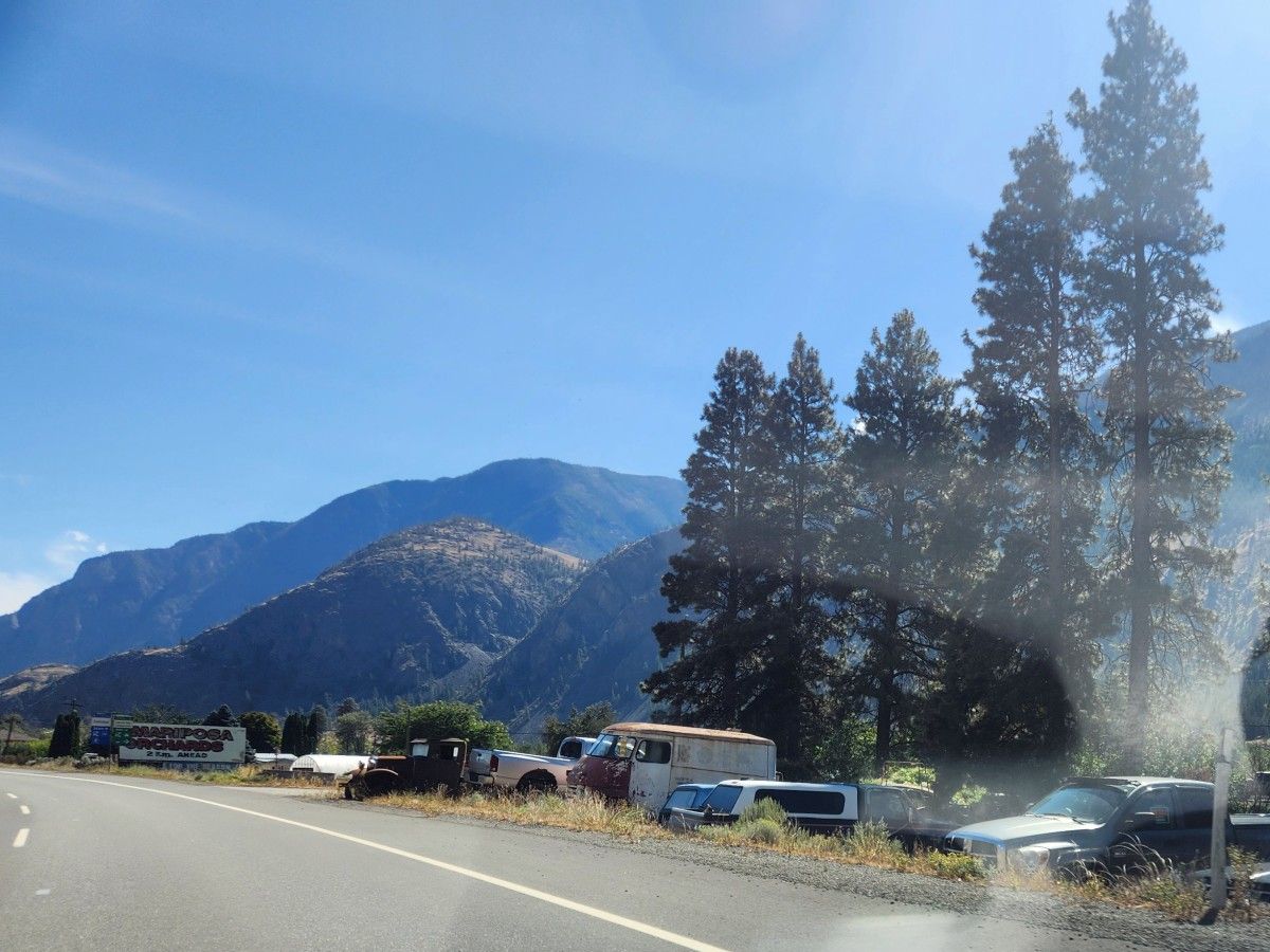 Old vehicles at the side of the road.