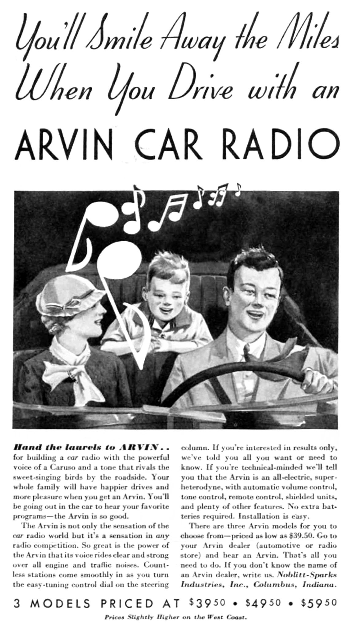 Vintage Article: "Getting Radio On The Road" (And Which Automakers Were Really First To Offer Car Radio?) 20 1933 ad with the headline "You'll smile away the miles when you drive with an Arvin Car Radio," with prices of $39.50, $49.50, and $59.50