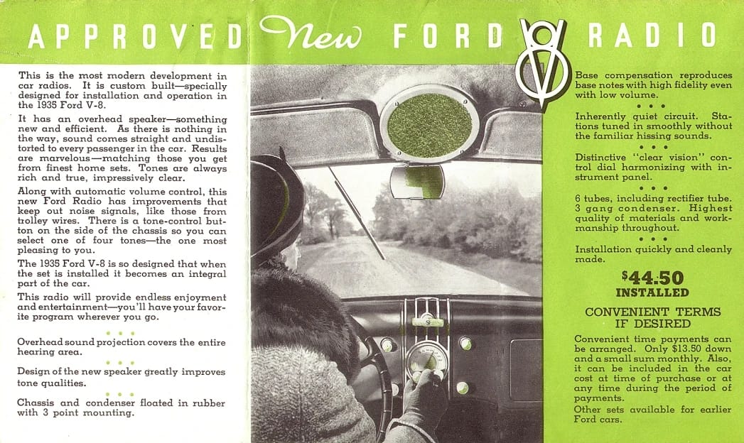 Vintage Article: "Getting Radio On The Road" (And Which Automakers Were Really First To Offer Car Radio?) 29 1935 Ford accessory brochure excerpt showing the "Approved New Ford V-8 Radio" with overhead speaker, $44.50 installed