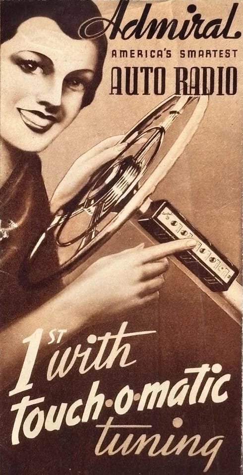 Vintage Article: "Getting Radio On The Road" (And Which Automakers Were Really First To Offer Car Radio?) 30 1937 ad for Admiral Touch-O-Matic tuner, with a pushbutton control on the steering column of a car