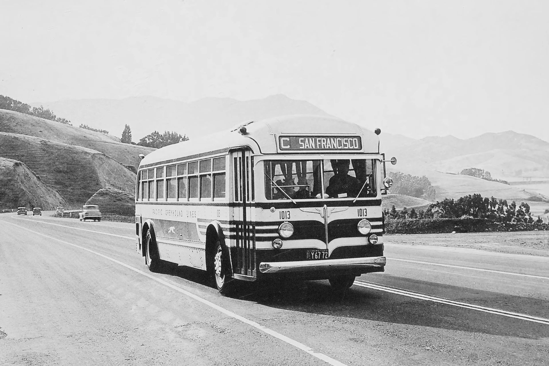 The World's First Successful Torque Converter Automatic Transmission Was In A Bus: The 1938-1948 Yellow Coach/GMC Spicer Hydraulic Transmission 14 Yellow Coach Model 740 bus on a California coastal highway
