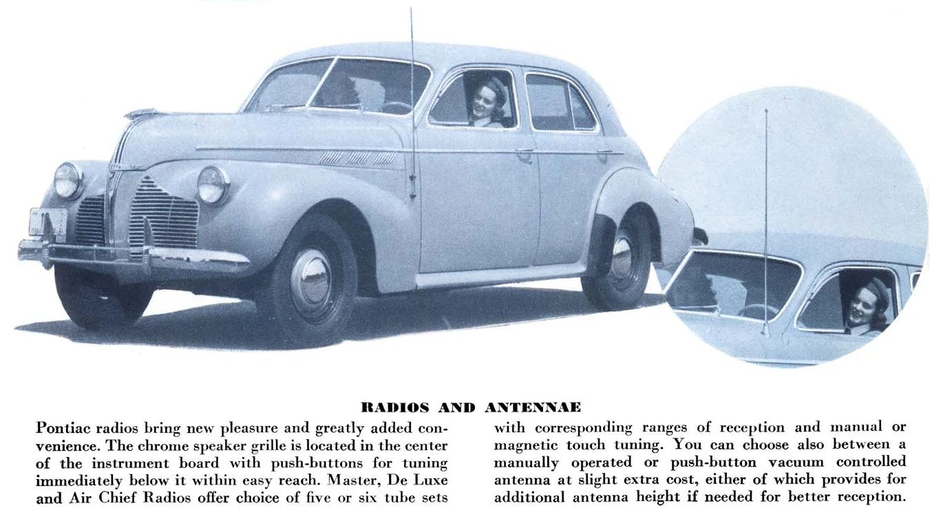 Vintage Article: "Getting Radio On The Road" (And Which Automakers Were Really First To Offer Car Radio?) 28 1940 Pontiac brochure excerpt labeled "radios and antennae" with an illustration of the fender-mounted and vacuum antenna options