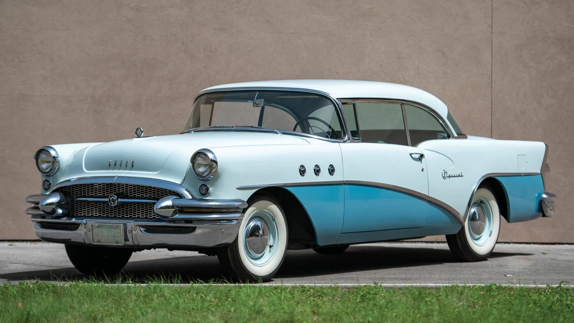 Left front 3q view of a two-tone blue 1955 Buick Special two-door hardtop