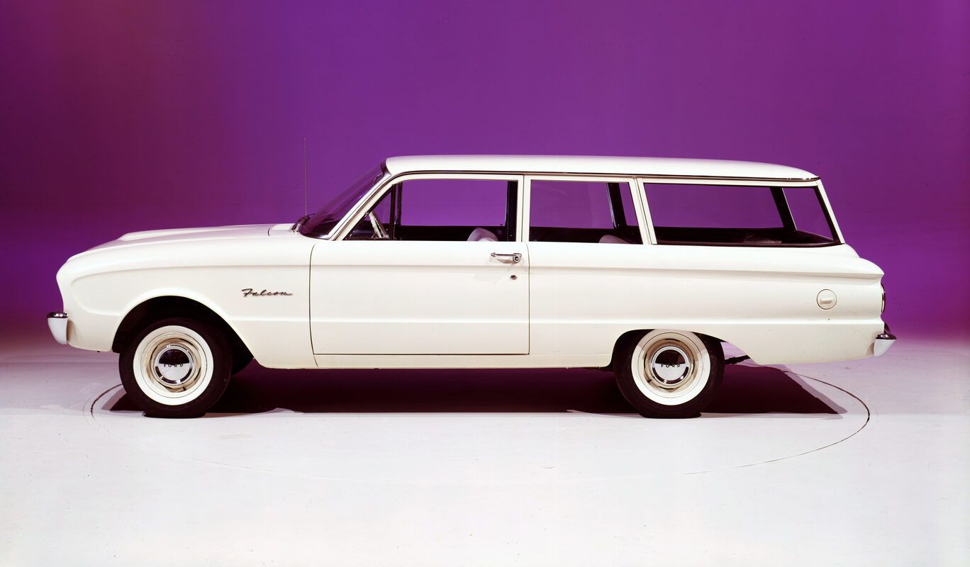 1963 Ford Falcon Squire V-8 Station Wagon: One Of Just 162 Falcon Wagons With The 260 V-8 And Bucket Seats 2 Press photo of a 1960 Falcon wagon in a studio against a purple background