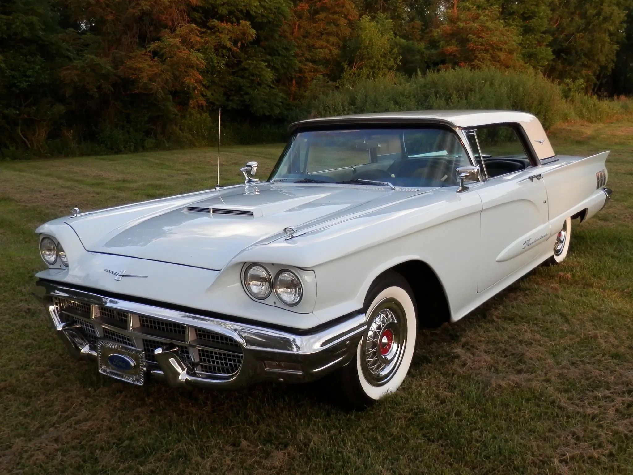 Riviera, Thunderbird, Eldorado, Toronado, Or GT Hawk: Which 1960s Personal Luxury Coupe Is *Your* Favorite? 5 Driver front 3q image of light blue 1960 Ford Thunderbird parked on the grass in front of a distant grove of trees