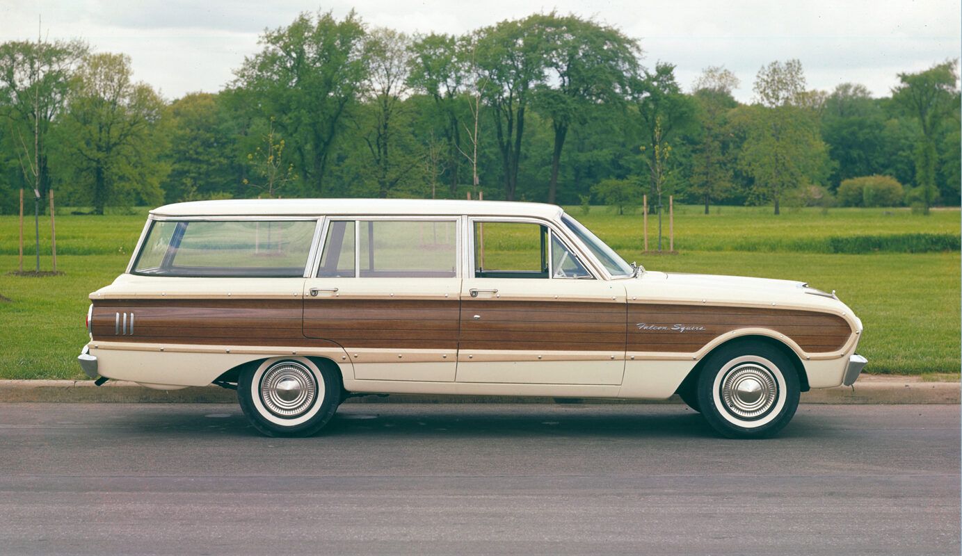 1963 Ford Falcon Squire V-8 Station Wagon: One Of Just 162 Falcon Wagons With The 260 V-8 And Bucket Seats 4 Right side view of a 1962 Falcon Squire four-door wagon with woodgrain side trim