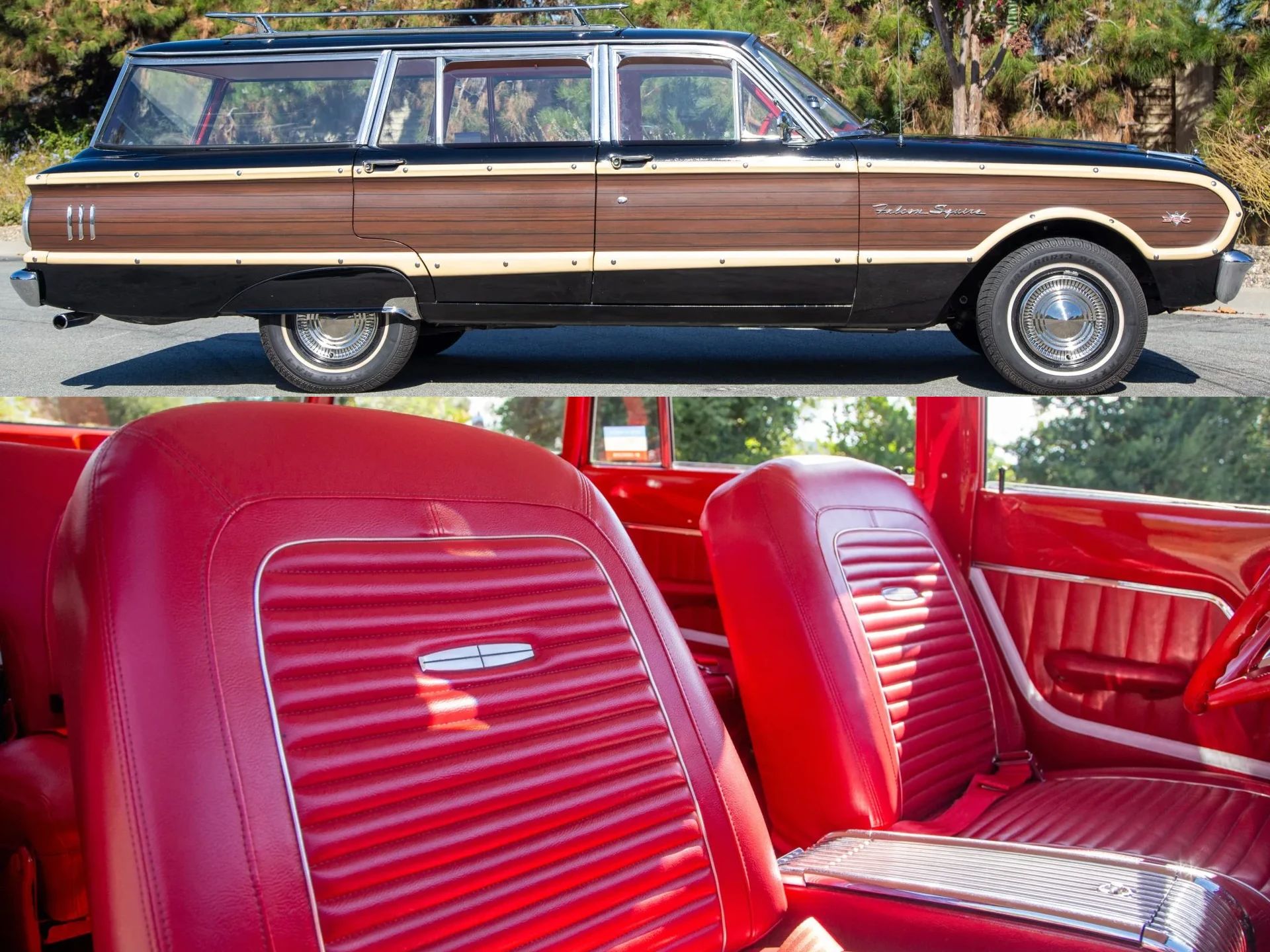 1963 Ford Falcon Squire V-8 Station Wagon: One Of Just 162 Falcon Wagons With The 260 V-8 And Bucket Seats 1 Right side of a black 1963 Ford Falcon Squire station wagon and an interior shot showing its red vinyl bucket seats