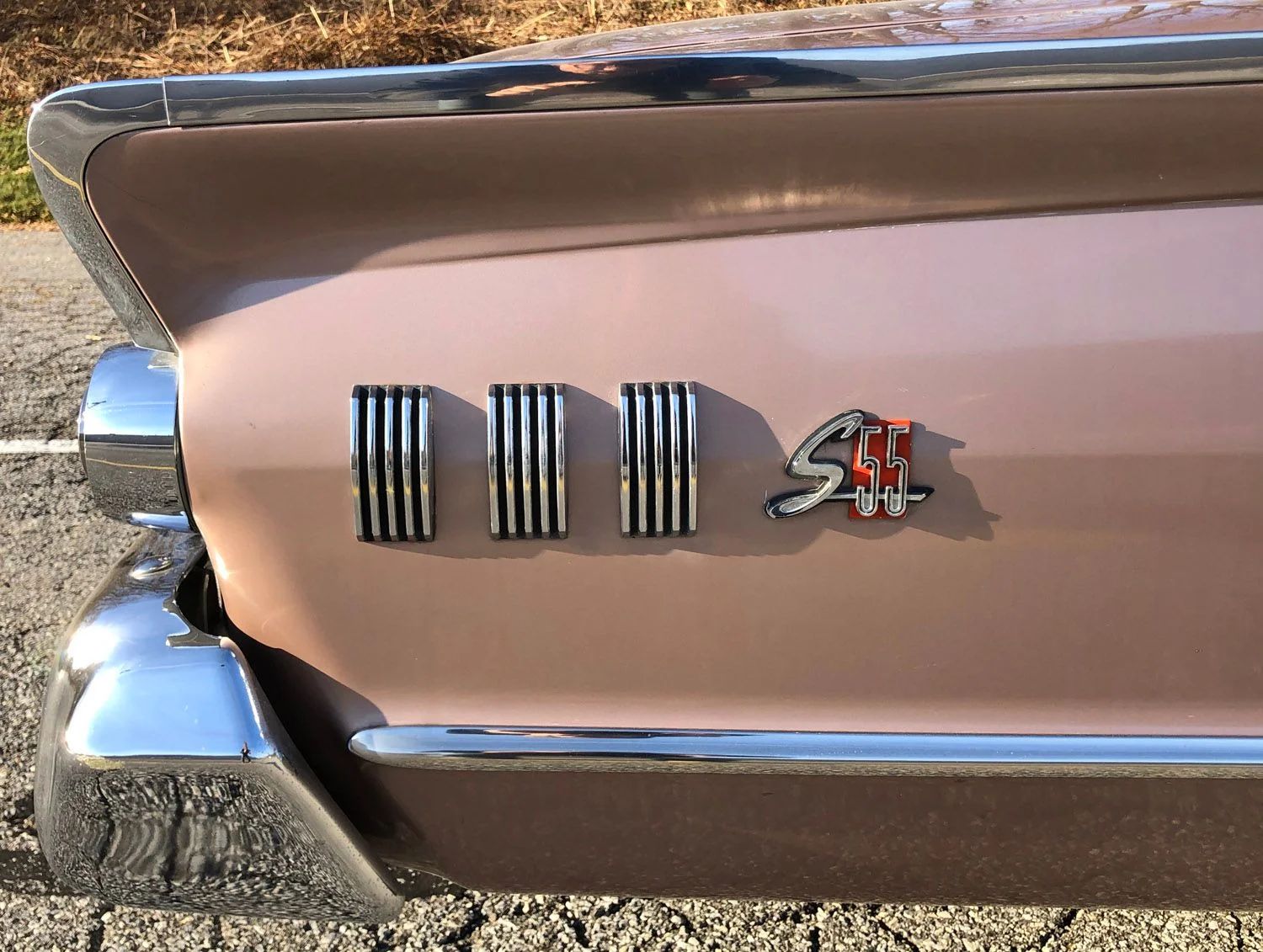 1963 Mercury Monterey S-55 Two-Door Hardtop: One-Year-Only Bucket-Seat Breezeway 17 Right rear fender emblems and S-55 badge on a 1963 Mercury