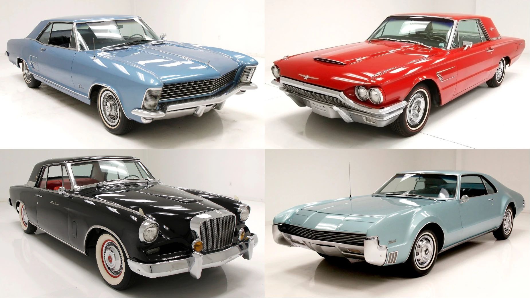 Riviera, Thunderbird, Eldorado, Toronado, Or GT Hawk: Which 1960s Personal Luxury Coupe Is *Your* Favorite? 1 Montage of four cars in interior studio spaces: a Marlin Blue 1963 Buick Riviera; a Resale Red 1965 Ford Thunderbird hardtop; a black 1962 Studebaker GT Hawk; and an Ocean Mist 1966 Oldsmobile Toronado