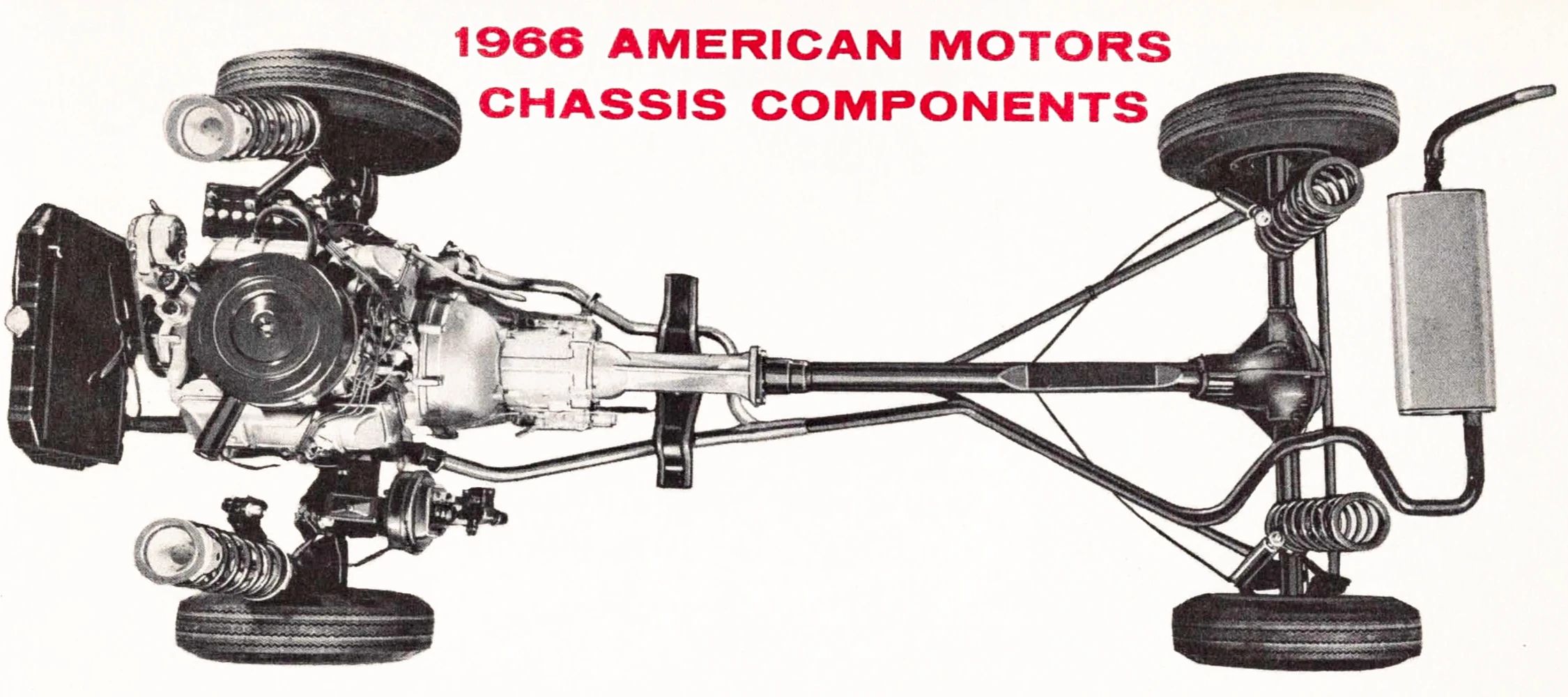 1966 AMC Ambassador DPL Hardtop: American's Dressed-Up Intermediate, Masquerading As A Full-Size Car 19 AMC data book photo of the coil-spring/torque tube chassis of an AMC Classic/Ambassador, labeled "1966 American Motors chassis components"