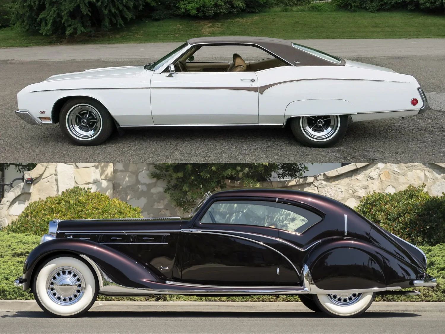 1970 Buick Riviera GS: This Unloved Riviera Was Inspired By A Spectacular Prewar Classic 1 Photo showing the left sides of a white 1970 Buick Riviera with a side spear and rear fender skirts above a burgundy 1937 Delage D8-120 Club AƩrosport with a side spear and rear fender skirts