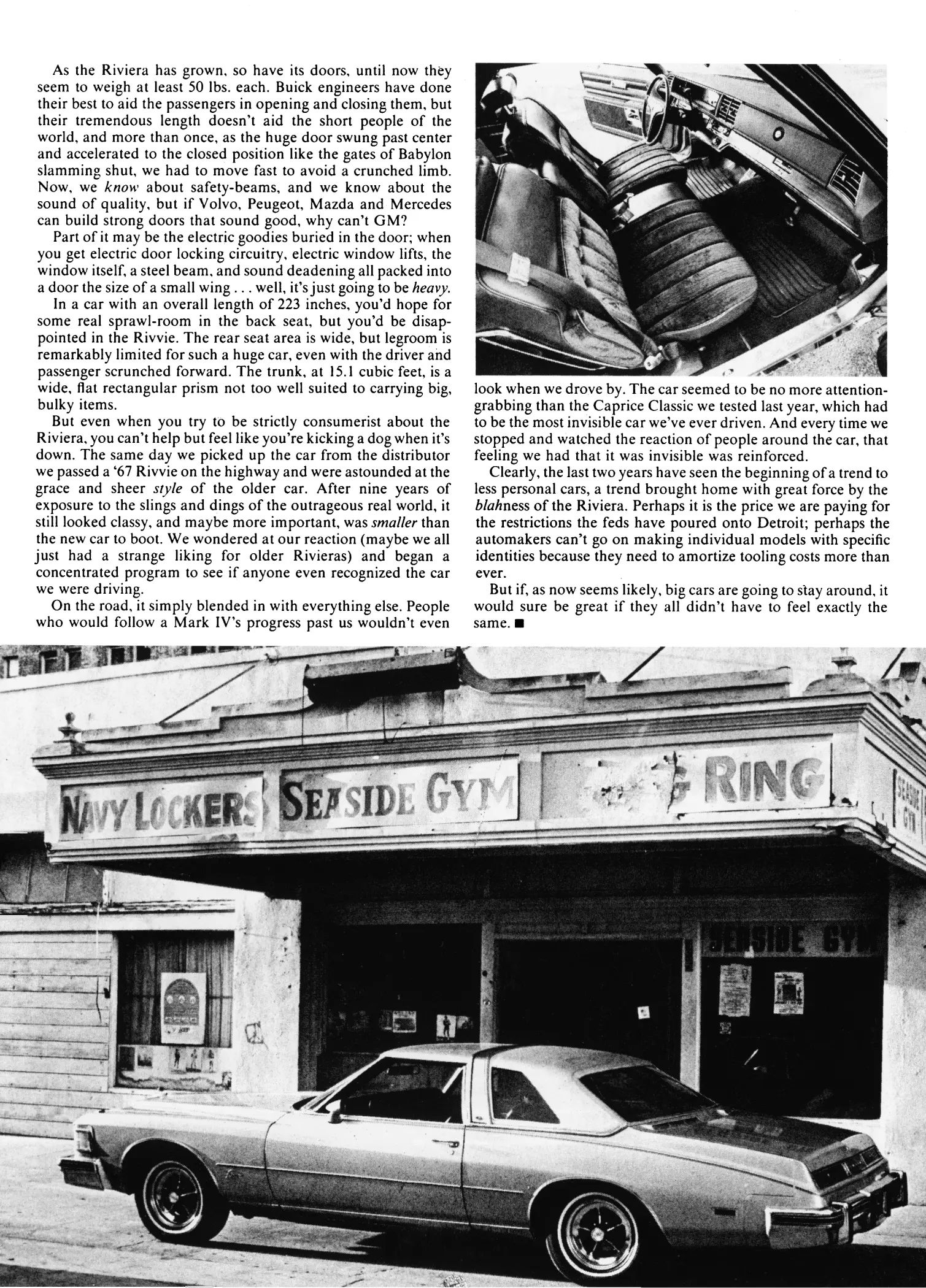 Vintage Review: 1976 Buick Riviera – "Once Big, Flashy, Fast And Unique, It Is Now Simply Big" 15 Road Test, July 1976, second page of Buick Riviera road test, with an inset photo of the cabin with the doors open and a left rear 3q shot of the car in front of a seedy-looking gymnasium