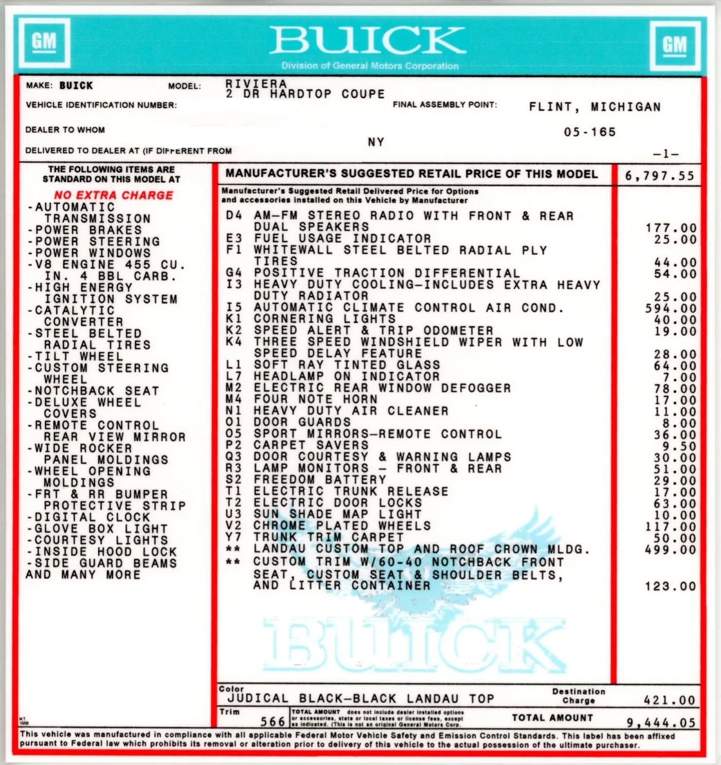 Vintage Review: 1976 Buick Riviera – "Once Big, Flashy, Fast And Unique, It Is Now Simply Big" 8 Window sticker of a 1976 Riviera