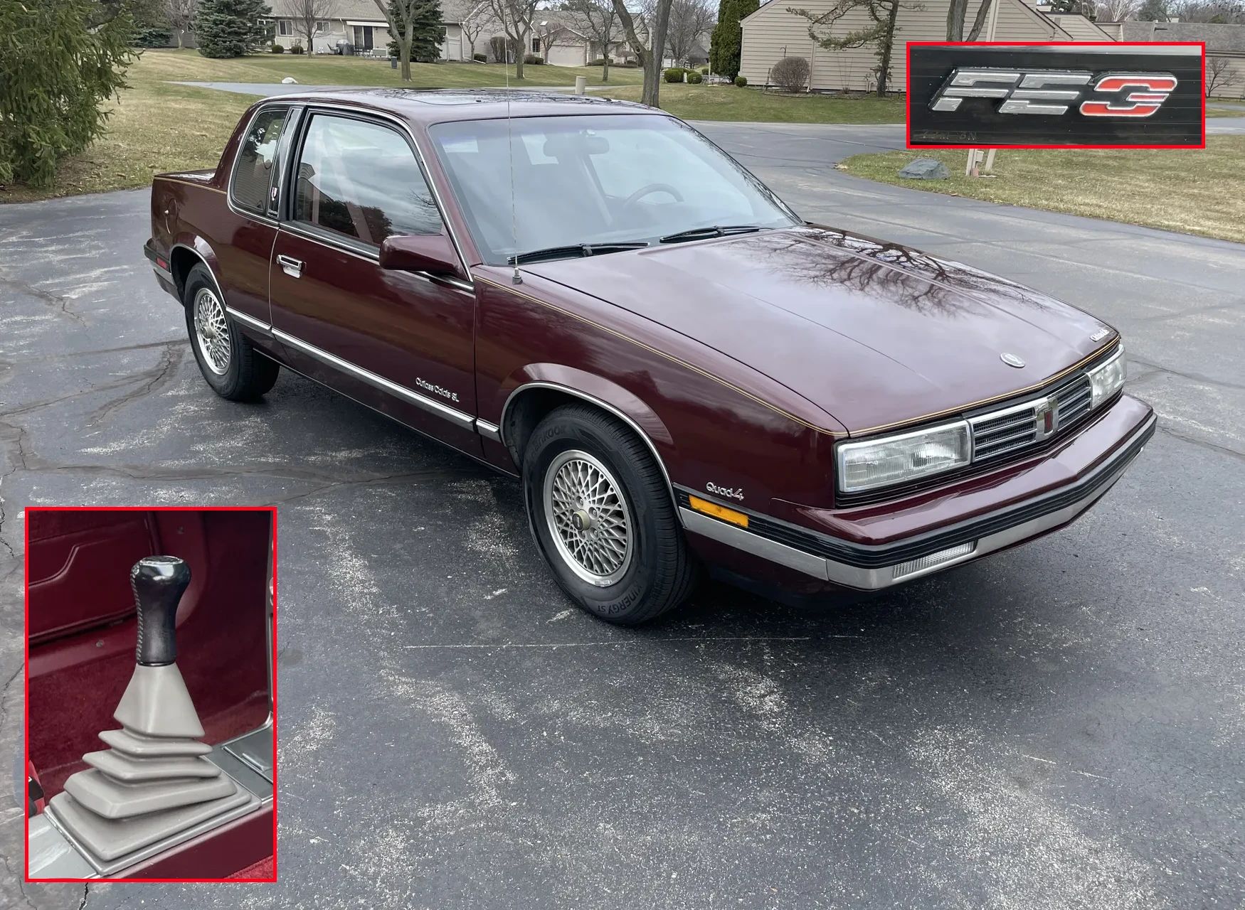 1988 Oldsmobile Cutlass Calais With Quad 4 And Rare 5-Speed: "A Heady Blend of High Revs and Haut Velour" 1 Left front 3q view of a Dark Garnet Red 1988 Oldsmobile Cutlass Calais SL coupe with insets showing its 5-speed manual transmission and FE3 badge