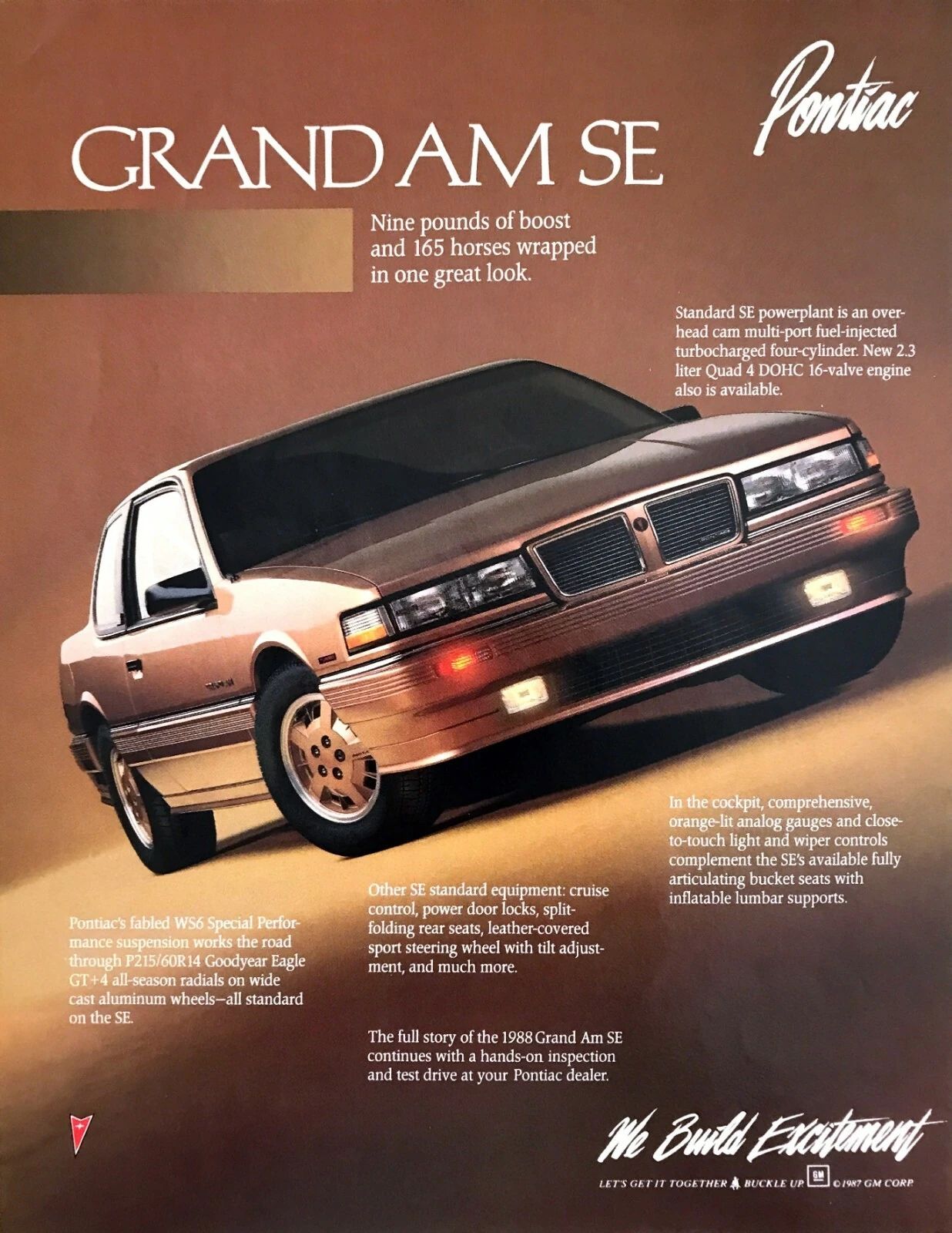 1988 Oldsmobile Cutlass Calais With Quad 4 And Rare 5-Speed: "A Heady Blend of High Revs and Haut Velour" 21 1988 print ad for the Pontiac Grand Am SE