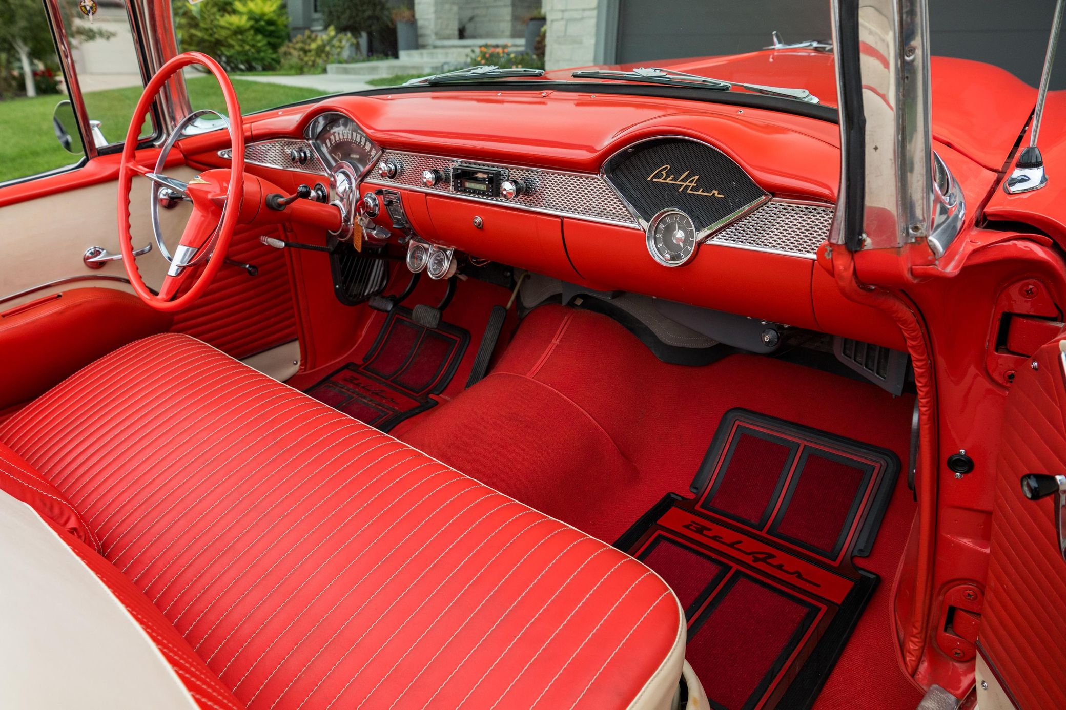 Red interior of 1955 Chevrolet Bel Air Convertible