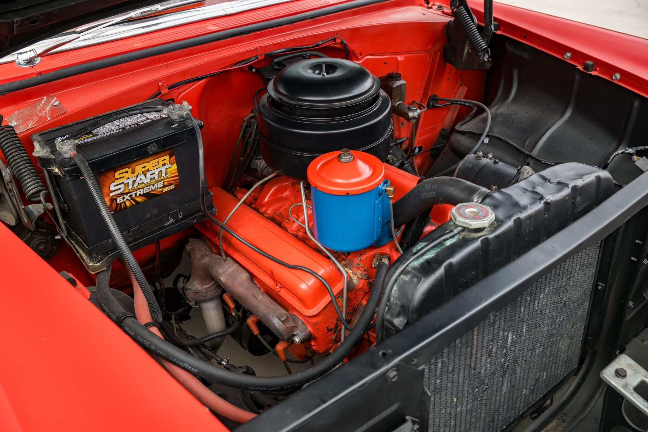 Engine compartment of 1955 Chevrolet Bel Air with 265-cubic-inch V8 engine