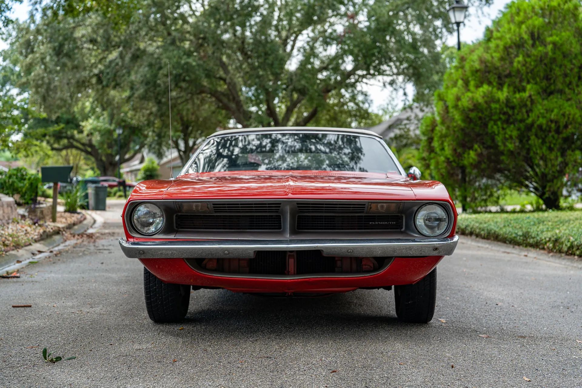 Front view of red 1970 Plymouth Barracuda Convertible