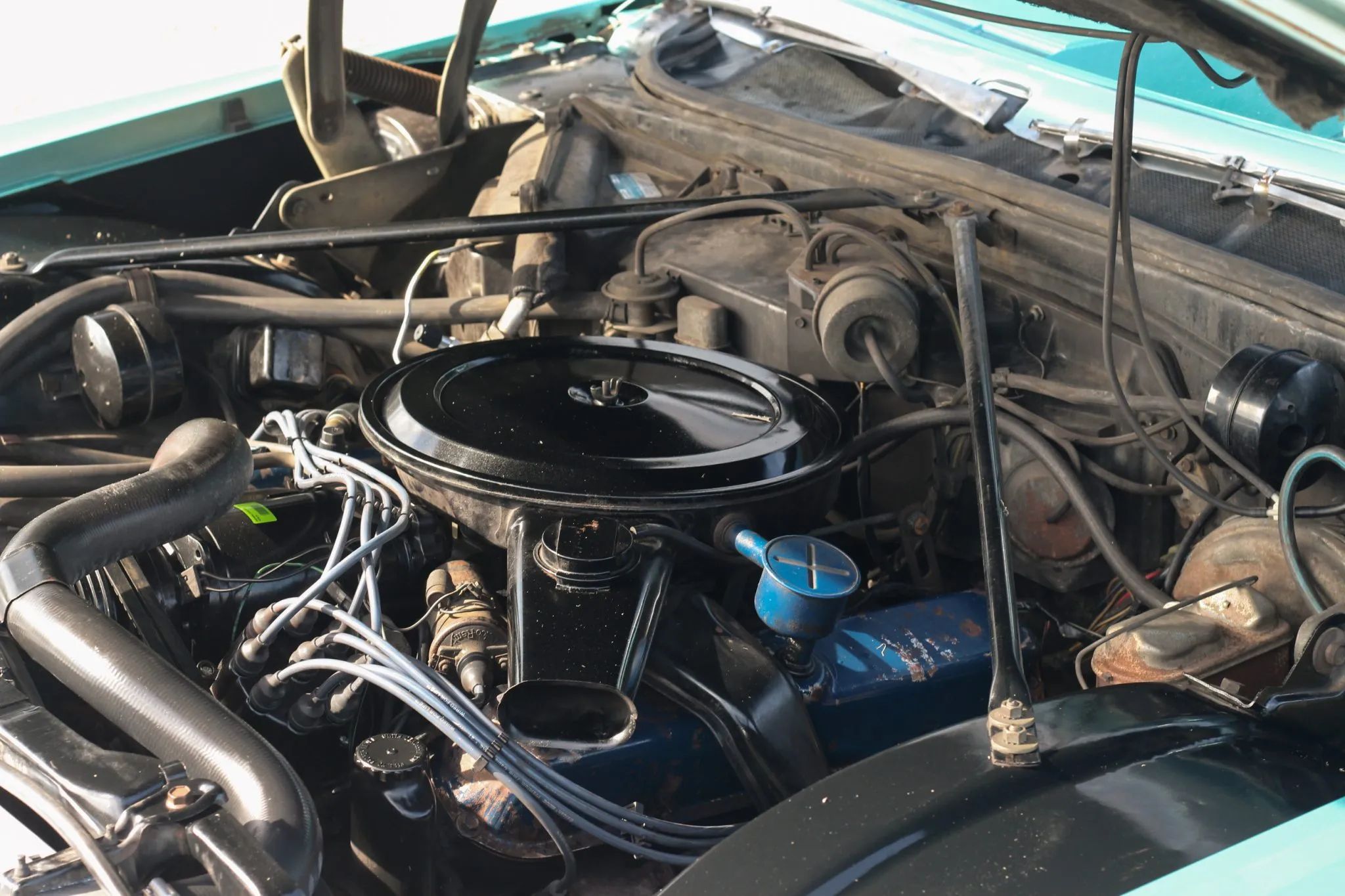 1970 Cadillac Calais engine compartment with 472-cubic-inch V8