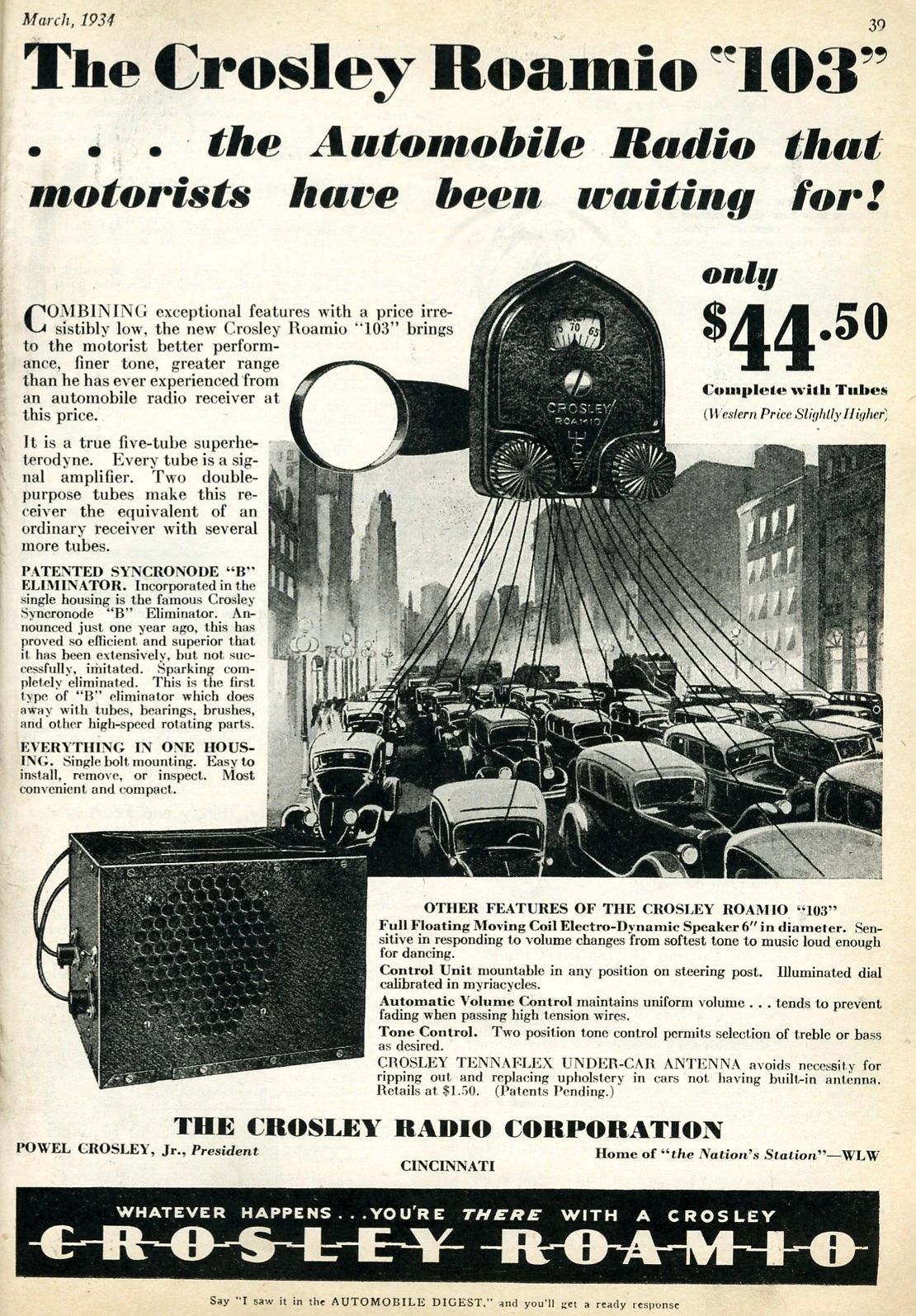 Vintage Article: "Getting Radio On The Road" (And Which Automakers Were Really First To Offer Car Radio?) 24 Automobile Digest, March 1934, ad for the Crosley Roamio '103," with the headline "... the Automobile Radio that motorists have been waiting for" and a price of $44.50