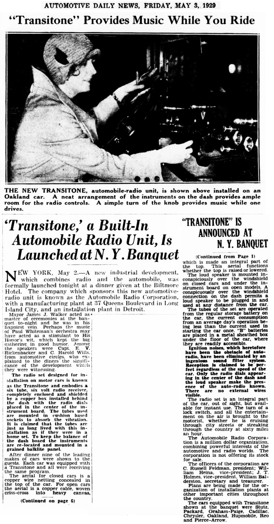 Vintage Article: "Getting Radio On The Road" (And Which Automakers Were Really First To Offer Car Radio?) 13 Clipping from Automotive Daily News, Friday, May 3, 1929, headlined "'Transitone' Provides Music While You Ride: 'Transitone,' a Built-In Automobile Radio Unit, Is Launched at N.Y. Banquet"