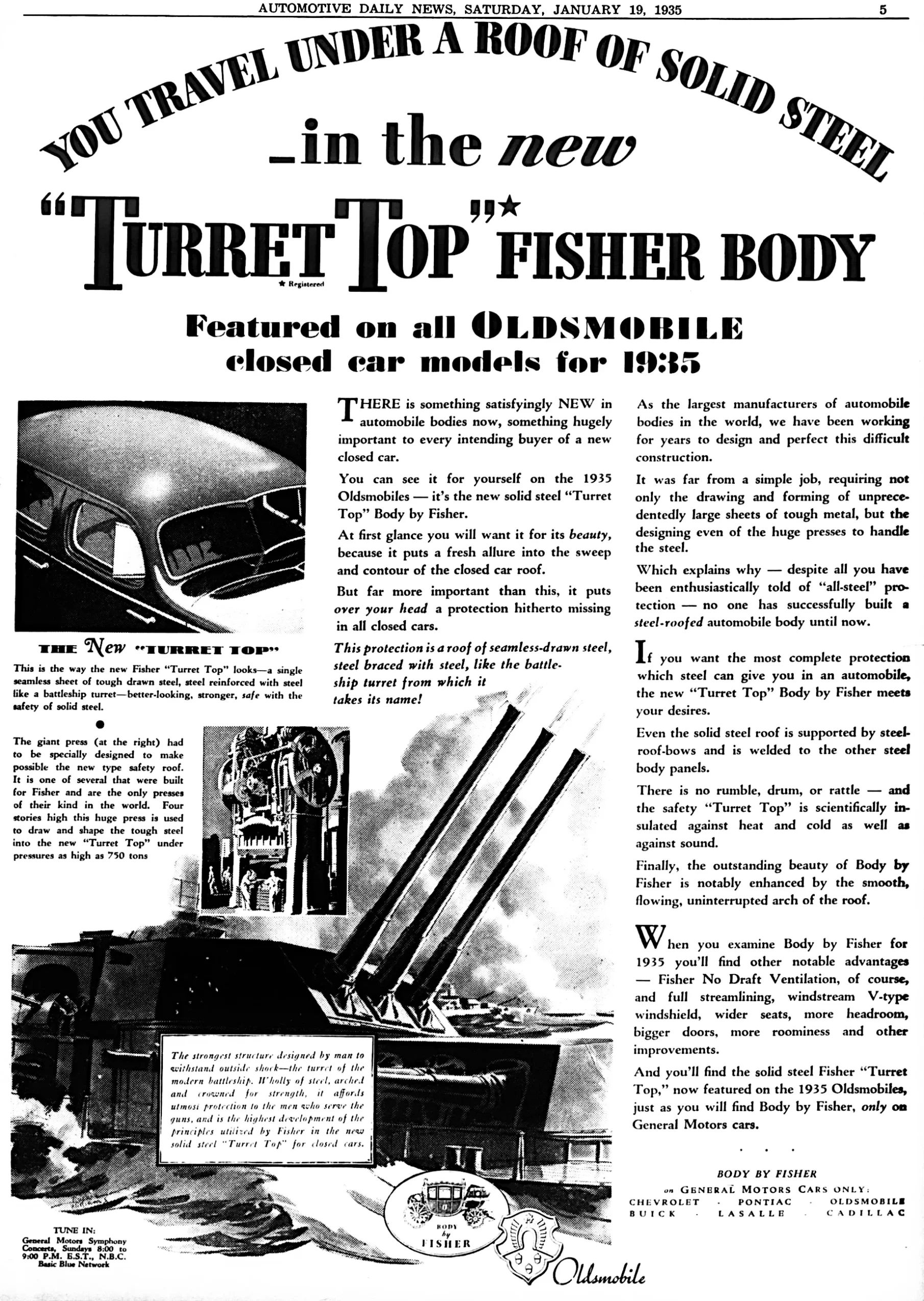 Vintage Article: "Getting Radio On The Road" (And Which Automakers Were Really First To Offer Car Radio?) 26 Automotive Daily News ad from January 18, 1939, headlined "You travel under a roof of solid steel in the new 'Turret Top' Fisher Body. Featured on all Oldsmobile closed car models for 1935"