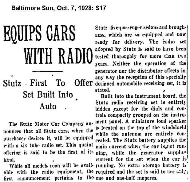Vintage Article: "Getting Radio On The Road" (And Which Automakers Were Really First To Offer Car Radio?) 9 Clipping from the Baltimore Sun, October 7, 1928, headlined "Equips Cars with Radio; Stutz First to Offer Set Built into Auto"